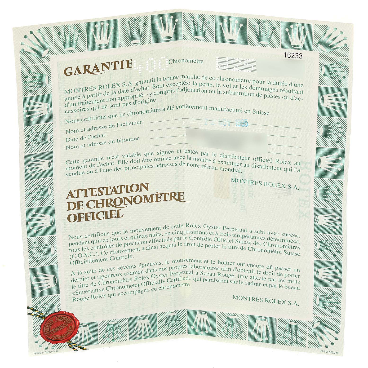 The image shows a Rolex Datejust 16233 Men's Steel and Gold (two tone) Black Dial 16233 Men's Steel and Gold (two tone) Black Dial warranty and chronometer certificate, displaying text and a red seal.