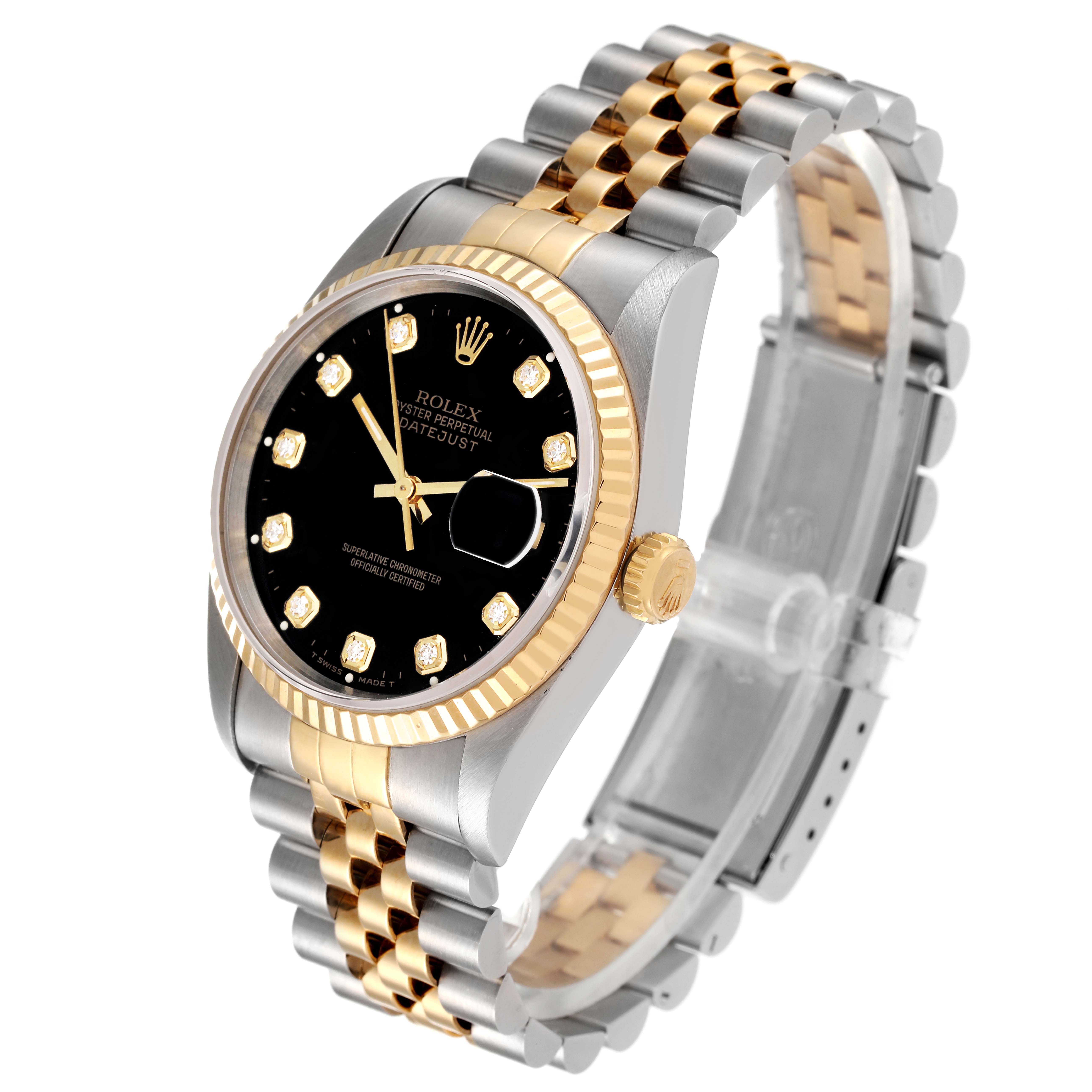 The Rolex Datejust 16233 Men's Steel and Gold (two tone) Black Dial 16233 Men's Steel and Gold (two tone) Black Dial watch is shown at an angled side view, highlighting the black dial, fluted bezel, and two-tone bracelet.