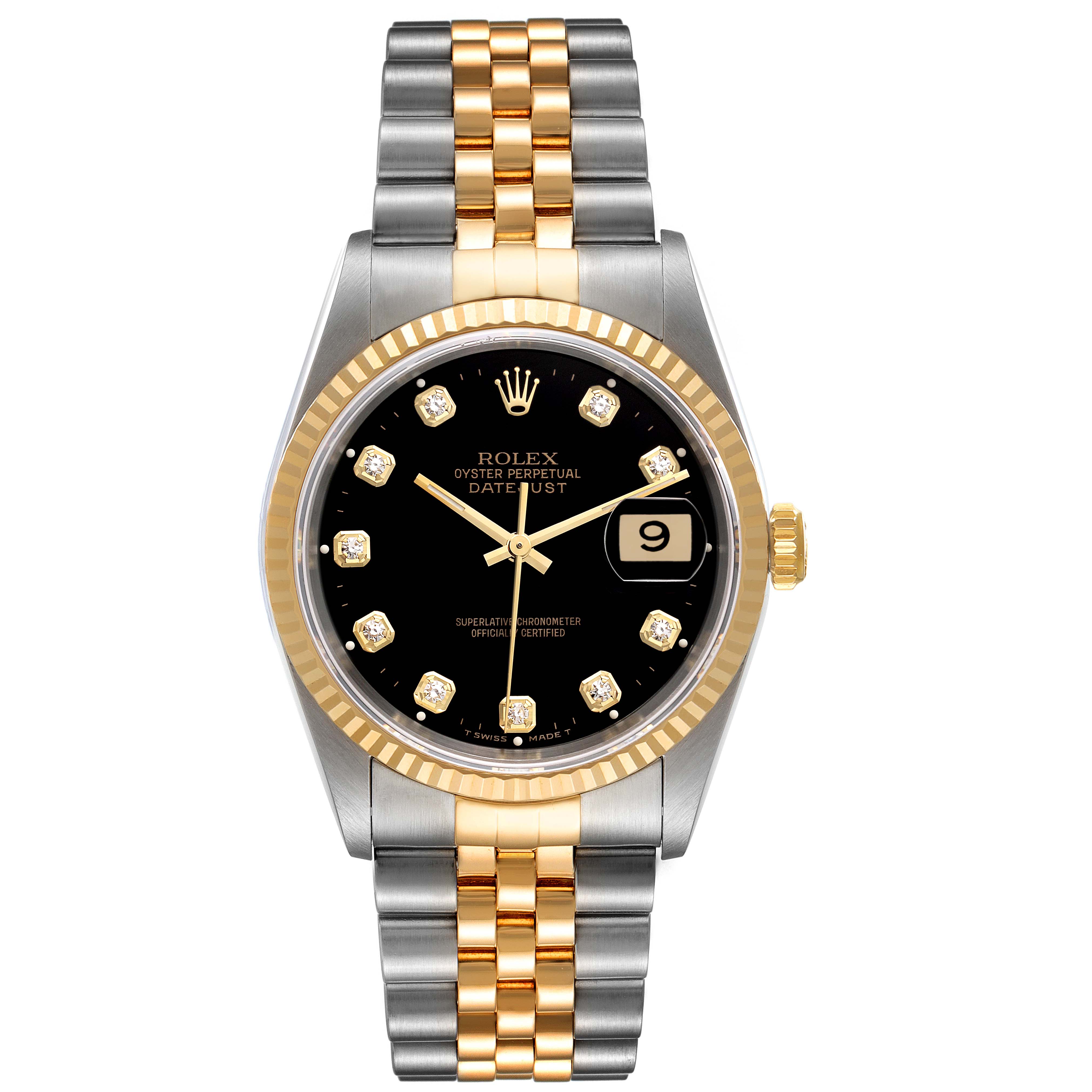 The image shows a Rolex Datejust 16233 Men's Steel and Gold (two tone) Black Dial 16233 Men's Steel and Gold (two tone) Black Dial watch from the front, highlighting its black dial, gold accents, and two-tone bracelet.