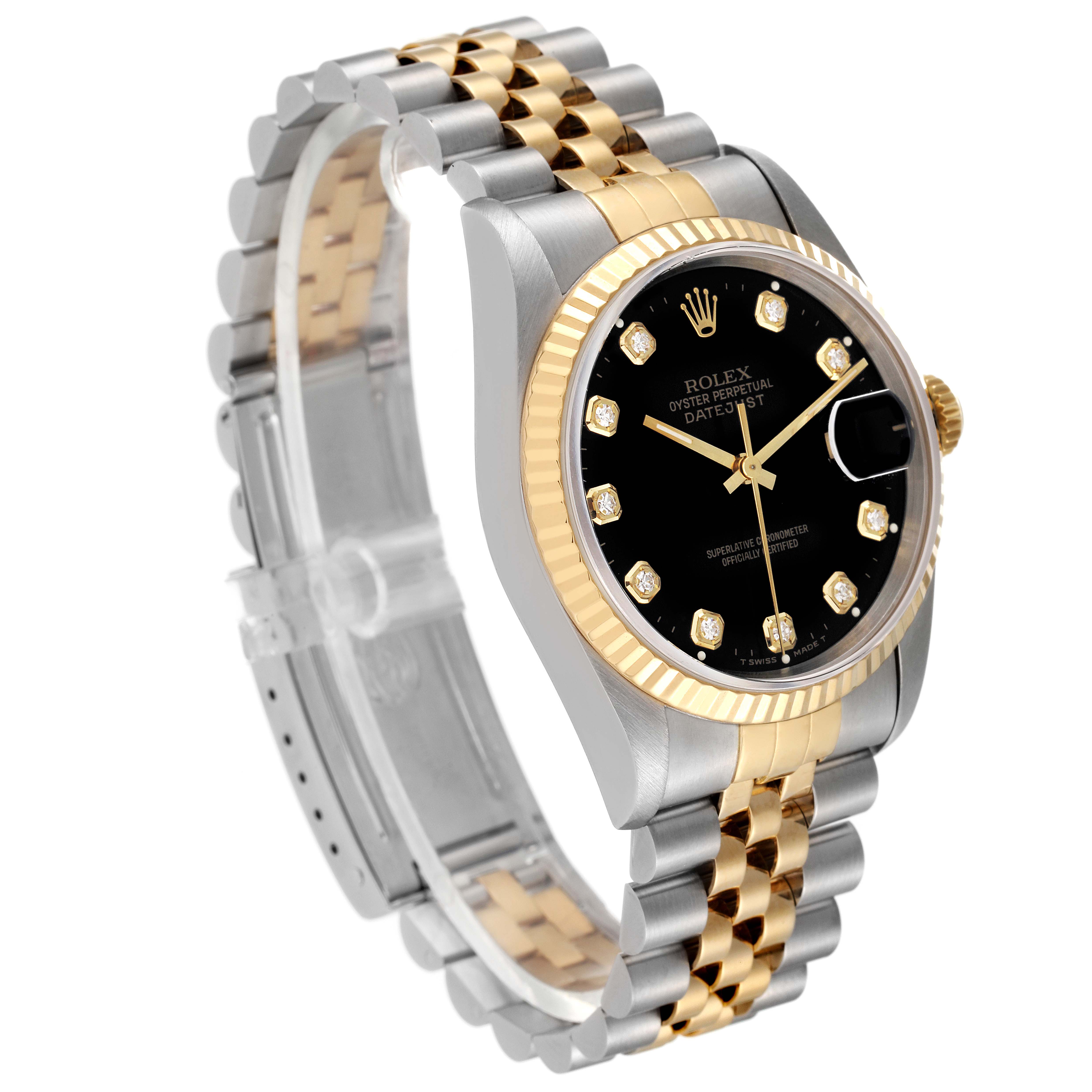 The image shows a Rolex Datejust 16233 Men's Steel and Gold (two tone) Black Dial 16233 Men's Steel and Gold (two tone) Black Dial watch at an angled side view, highlighting its black dial, two-tone bracelet, and fluted bezel.