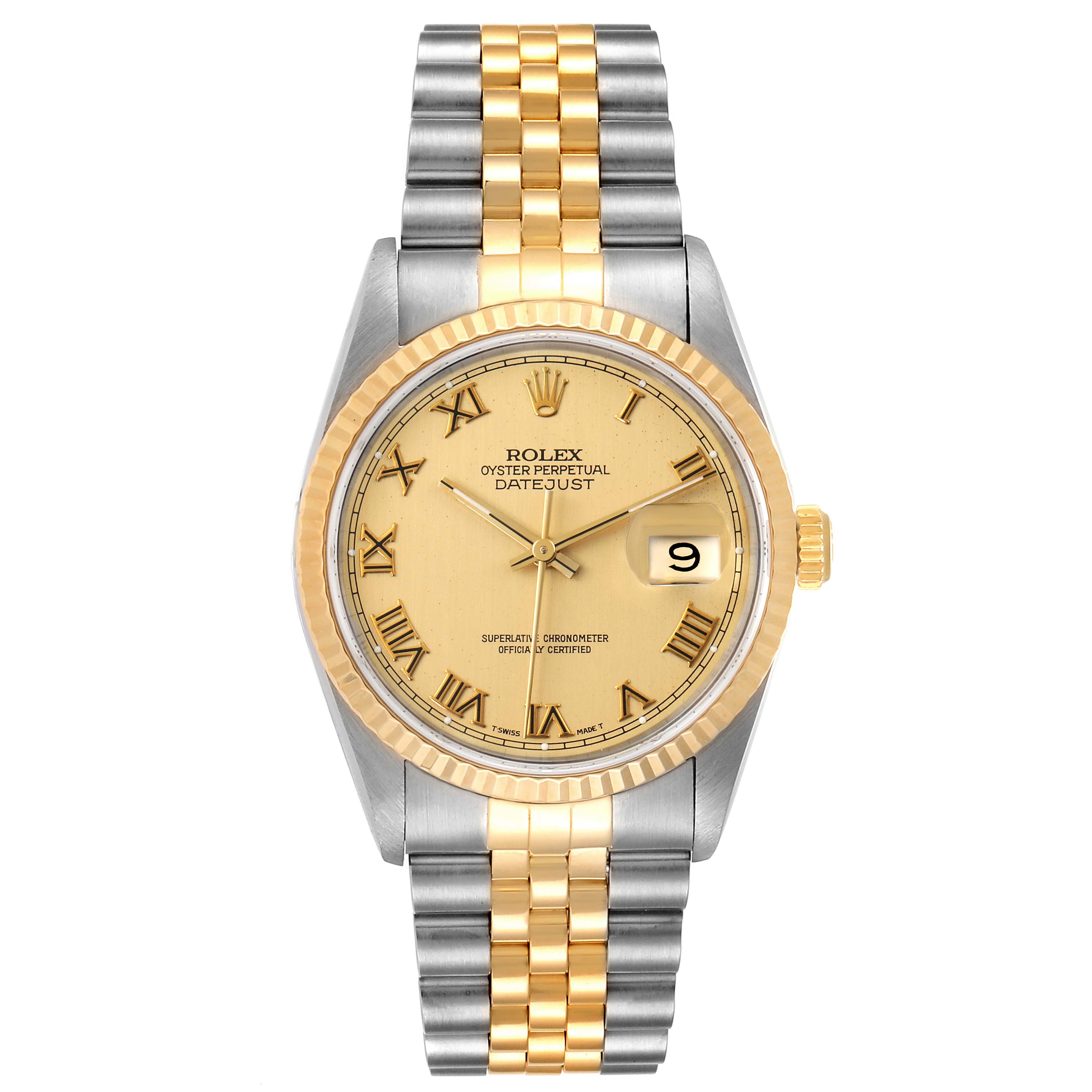 The image shows a Rolex Datejust 16233 Men's Steel and Gold (two tone) Champagne Dial 16233 Men's Steel and Gold (two tone) Champagne Dial watch front view, showcasing the dial, bezel, case, and the two-tone bracelet.