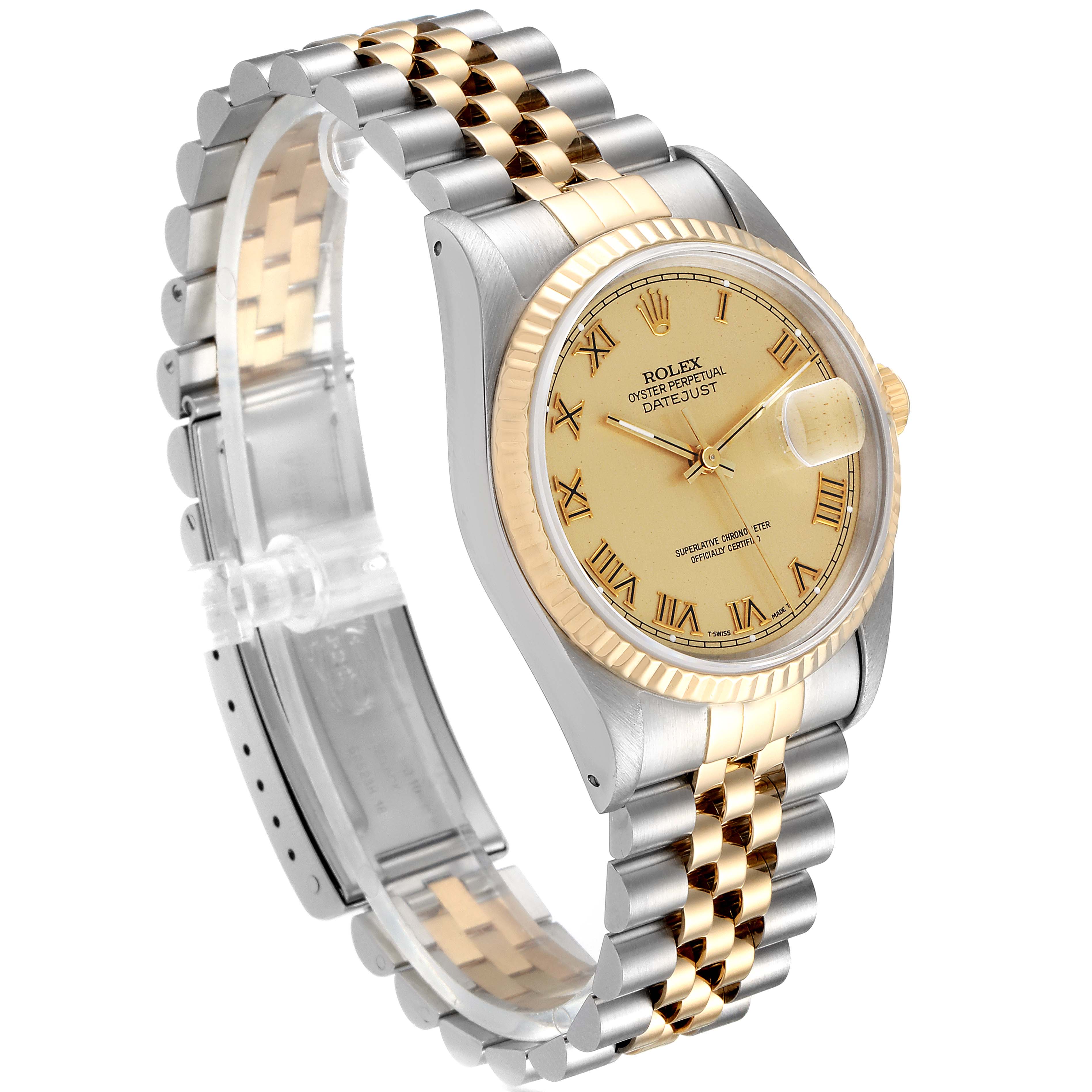 The Rolex Datejust 16233 Men's Steel and Gold (two tone) Champagne Dial 16233 Men's Steel and Gold (two tone) Champagne Dial watch is shown at a slight angle, displaying its face, two-tone bracelet, and bezel.