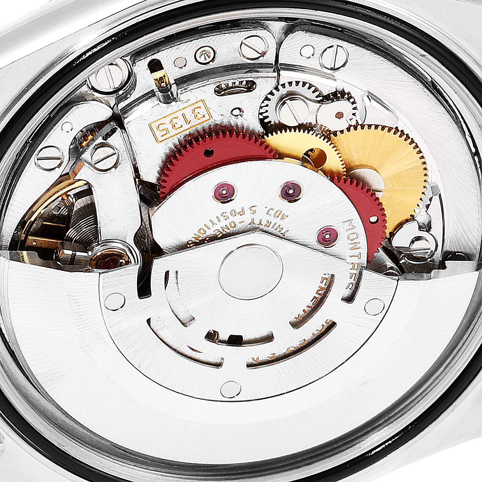 This image shows a close-up view of the intricate movement inside a Rolex Datejust 16233 Men's Steel and Gold (two tone) Champagne Dial 16233 Men's Steel and Gold (two tone) Champagne Dial watch.