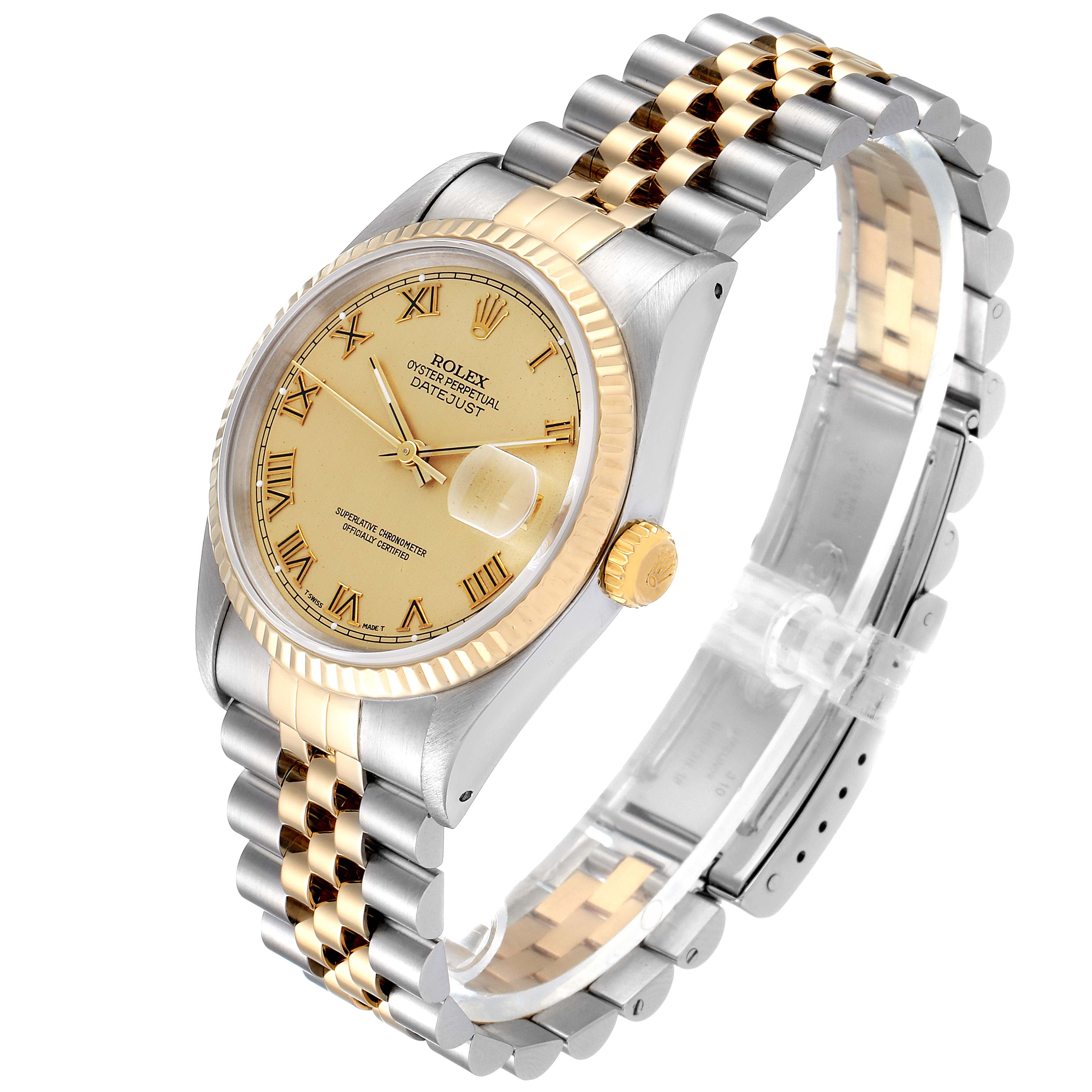 This image shows a Rolex Datejust 16233 Men's Steel and Gold (two tone) Champagne Dial 16233 Men's Steel and Gold (two tone) Champagne Dial model watch from an angled side view, highlighting the dial, bezel, and bracelet.