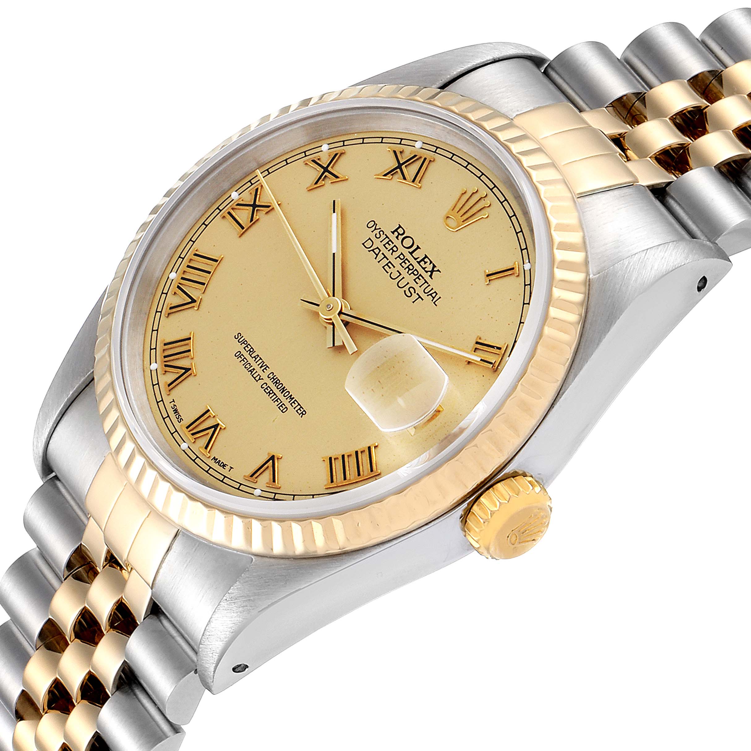 The Rolex Datejust 16233 Men's Steel and Gold (two tone) Champagne Dial 16233 Men's Steel and Gold (two tone) Champagne Dial watch is shown at a slight angle highlighting the dial, bezel, crown, and part of the bracelet.
