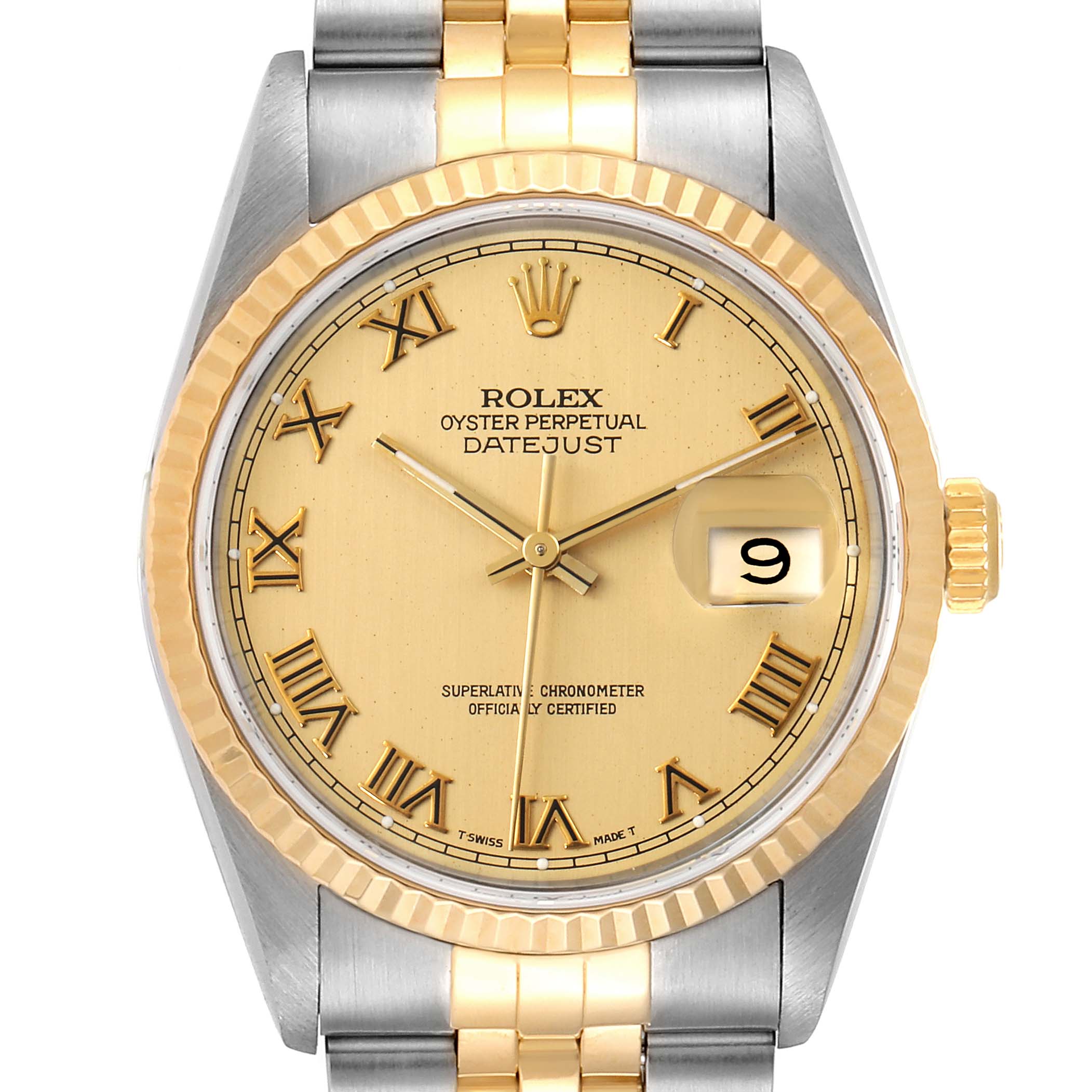 This image shows a front view of a Rolex Datejust 16233 Men's Steel and Gold (two tone) Champagne Dial 16233 Men's Steel and Gold (two tone) Champagne Dial watch highlighting its dial, bezel, crown, and part of its two-tone bracelet.