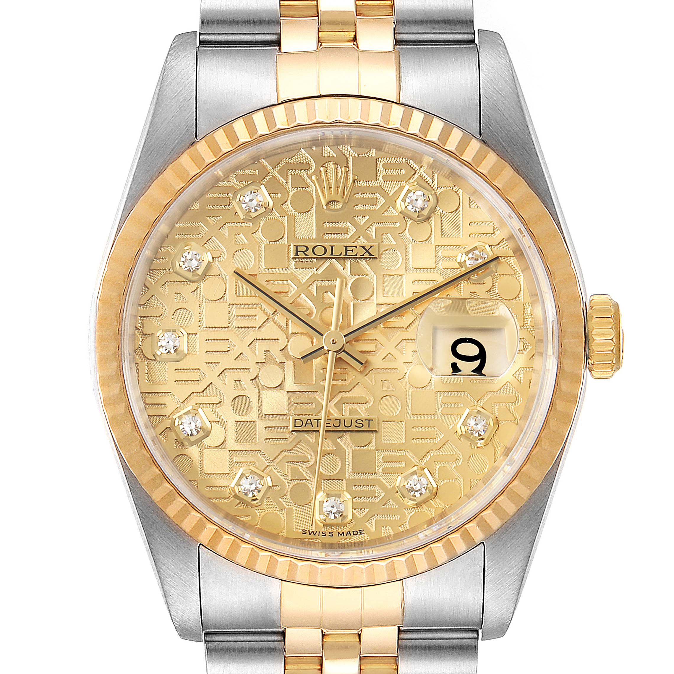 The Rolex Datejust 16233 Men's Steel and Gold (two tone) Champagne Dial 16233 Men's Steel and Gold (two tone) Champagne Dial watch is shown from a frontal angle, displaying its dial, bezel, and part of the bracelet.