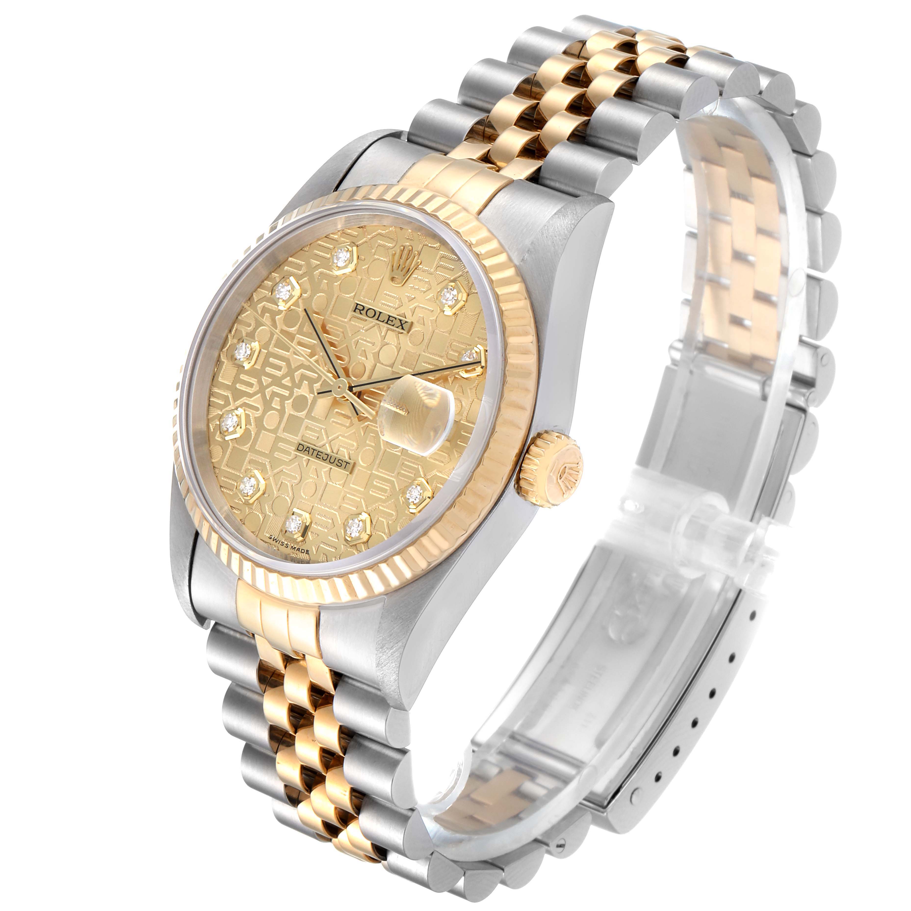 The Rolex Datejust 16233 Men's Steel and Gold (two tone) Champagne Dial 16233 Men's Steel and Gold (two tone) Champagne Dial watch is shown at a slight angle, highlighting its gold and silver bracelet, gold dial, and fluted bezel.