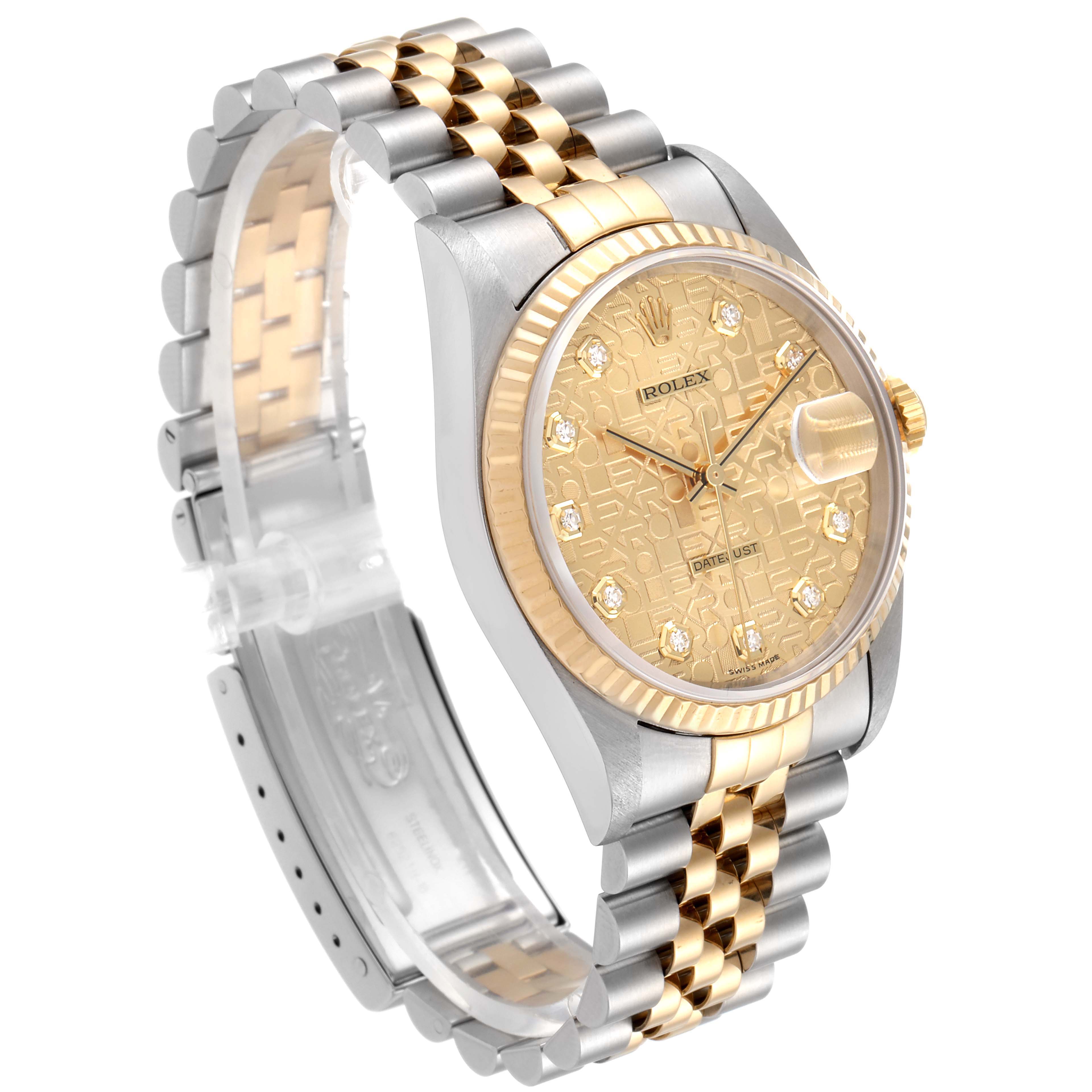 This Rolex Datejust 16233 Men's Steel and Gold (two tone) Champagne Dial 16233 Men's Steel and Gold (two tone) Champagne Dial watch is shown at a slight angle, displaying its gold dial, diamond markers, and two-tone bracelet.