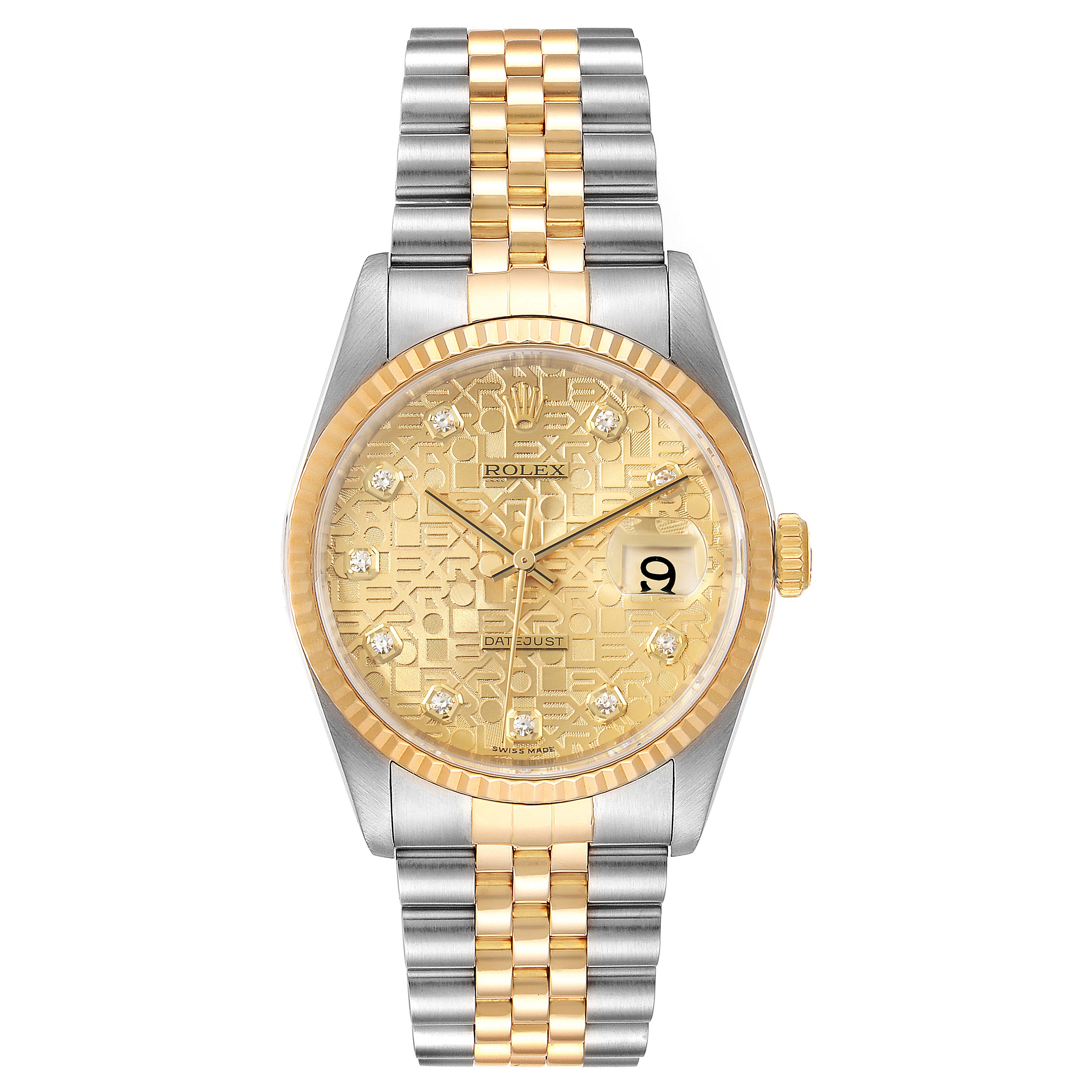 The Rolex Datejust 16233 Men's Steel and Gold (two tone) Champagne Dial 16233 Men's Steel and Gold (two tone) Champagne Dial watch is shown from a top-down angle, displaying the dial, case, and two-tone bracelet.