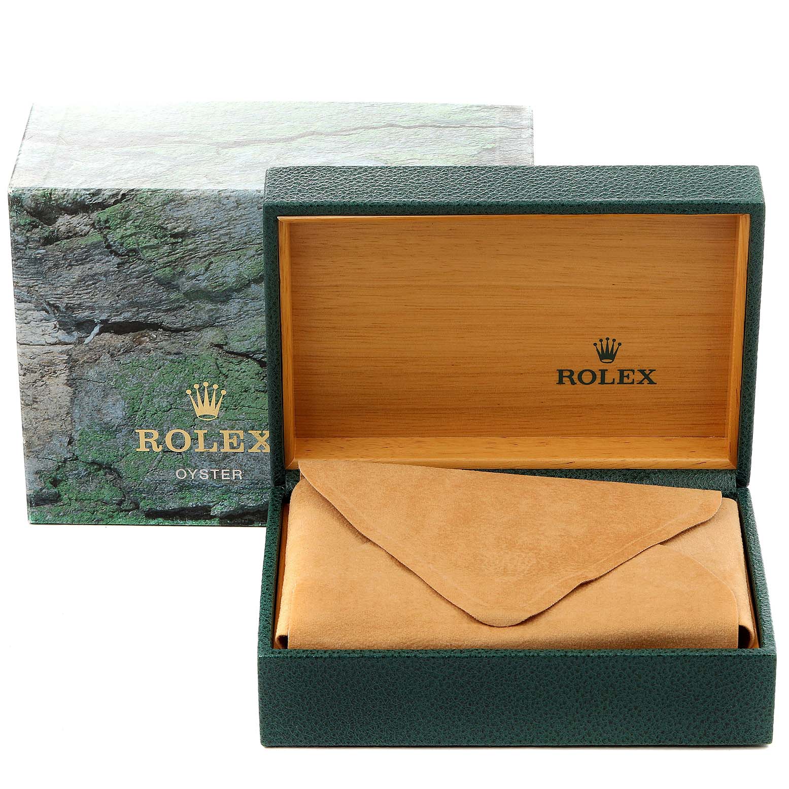 The image shows a Rolex Datejust 16233 Men's Steel and Gold (two tone) Champagne Dial 16233 Men's Steel and Gold (two tone) Champagne Dial watch box, including an exterior box, inner box, and a leather pouch inside.