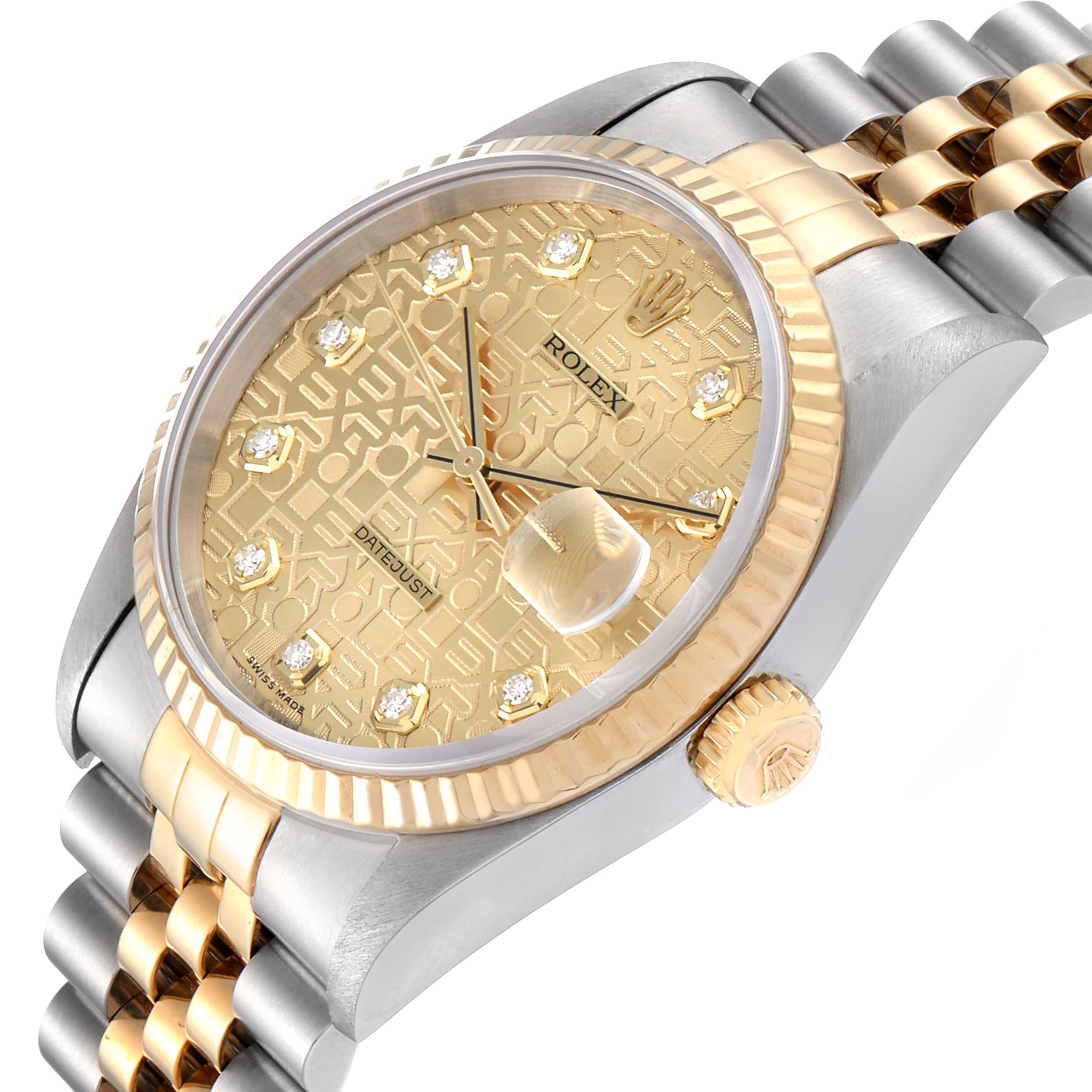 The image shows a partial side angle of a Rolex Datejust 16233 Men's Steel and Gold (two tone) Champagne Dial 16233 Men's Steel and Gold (two tone) Champagne Dial watch, highlighting the dial, bezel, crown, and part of the bracelet.