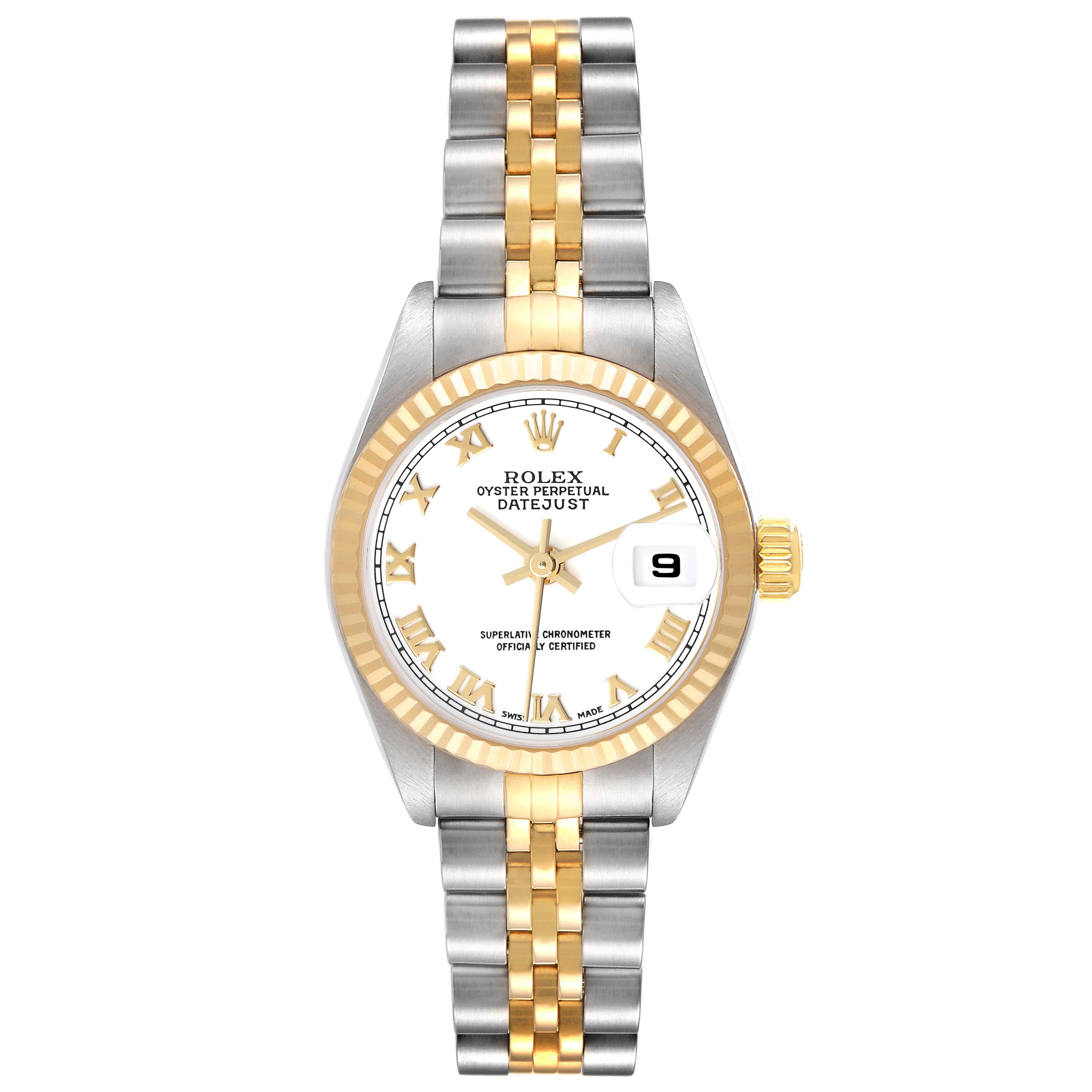 The Rolex Datejust 79173 Women's Steel and Gold (two tone) White Dial 79173 Women's Steel and Gold (two tone) White Dial watch is shown from the front, displaying its dial, bezel, and two-tone bracelet.