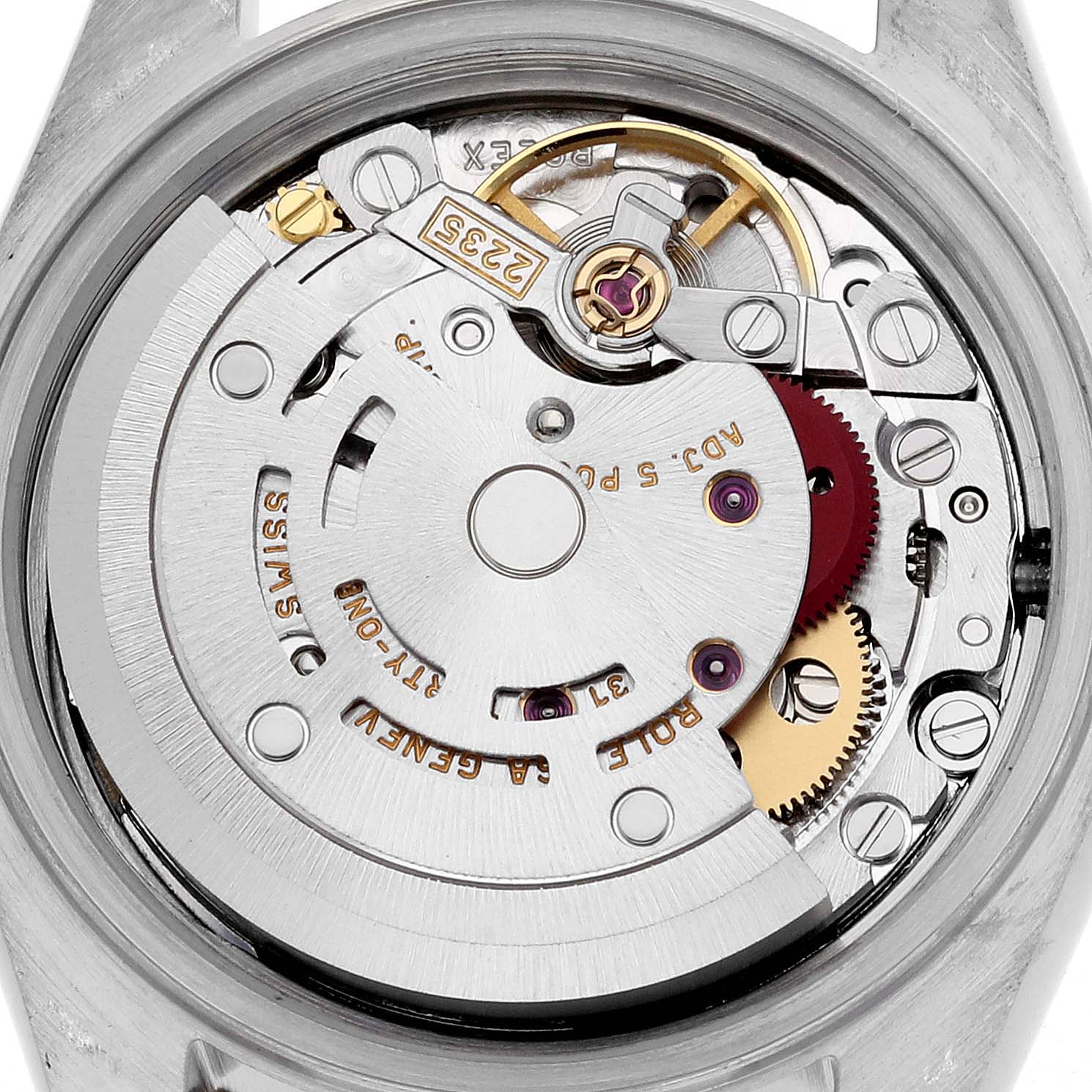 The image shows the inner mechanical movement of a Rolex Datejust 79173 Women's Steel and Gold (two tone) White Dial 79173 Women's Steel and Gold (two tone) White Dial watch from a top-down angle.