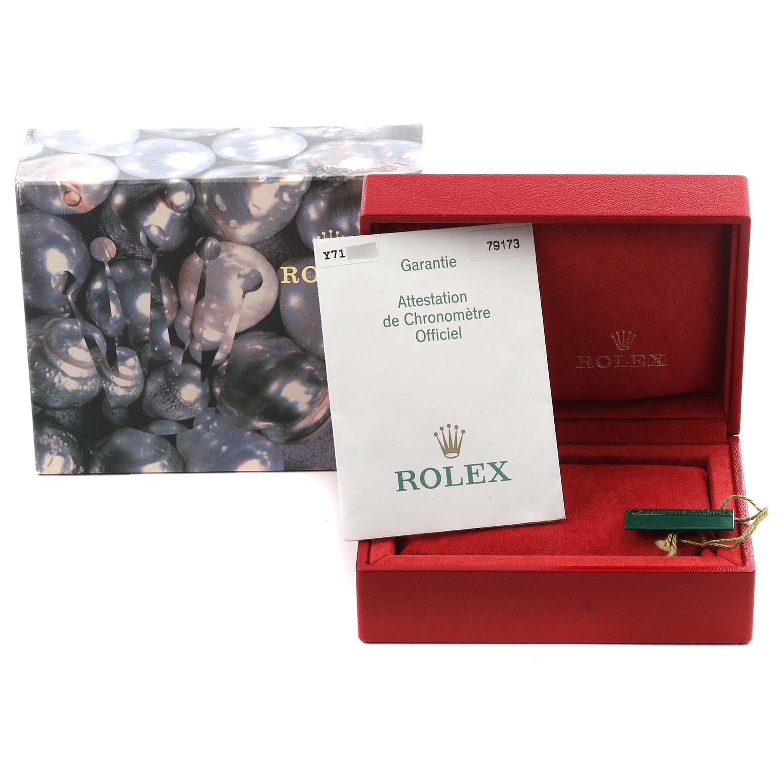 The image shows the packaging and documentation for a Rolex Datejust 79173 Women's Steel and Gold (two tone) White Dial 79173 Women's Steel and Gold (two tone) White Dial, including the box and warranty card.