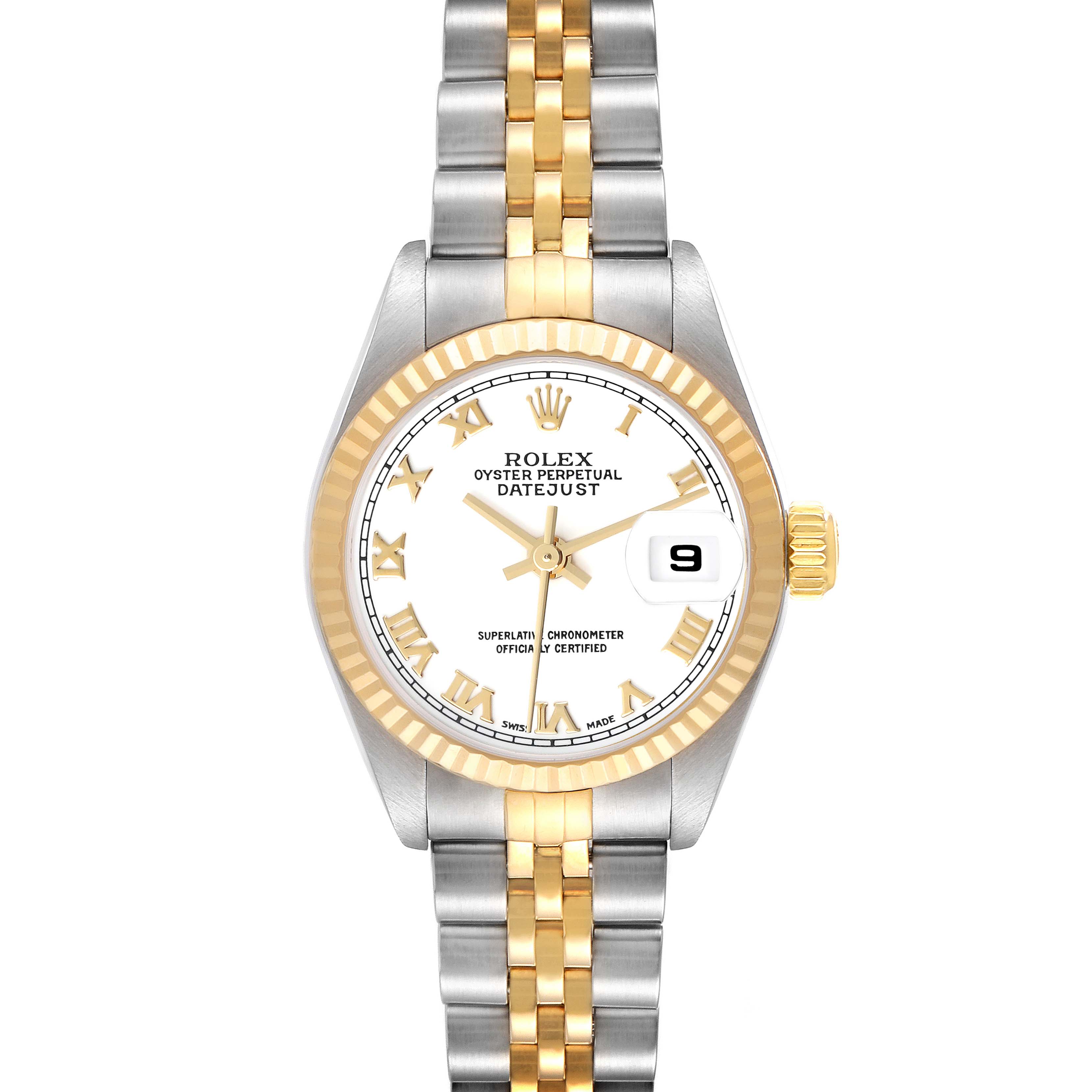 The Rolex Datejust 79173 Women's Steel and Gold (two tone) White Dial 79173 Women's Steel and Gold (two tone) White Dial watch is shown from a front view, displaying the dial, hands, bezel, and bracelet.