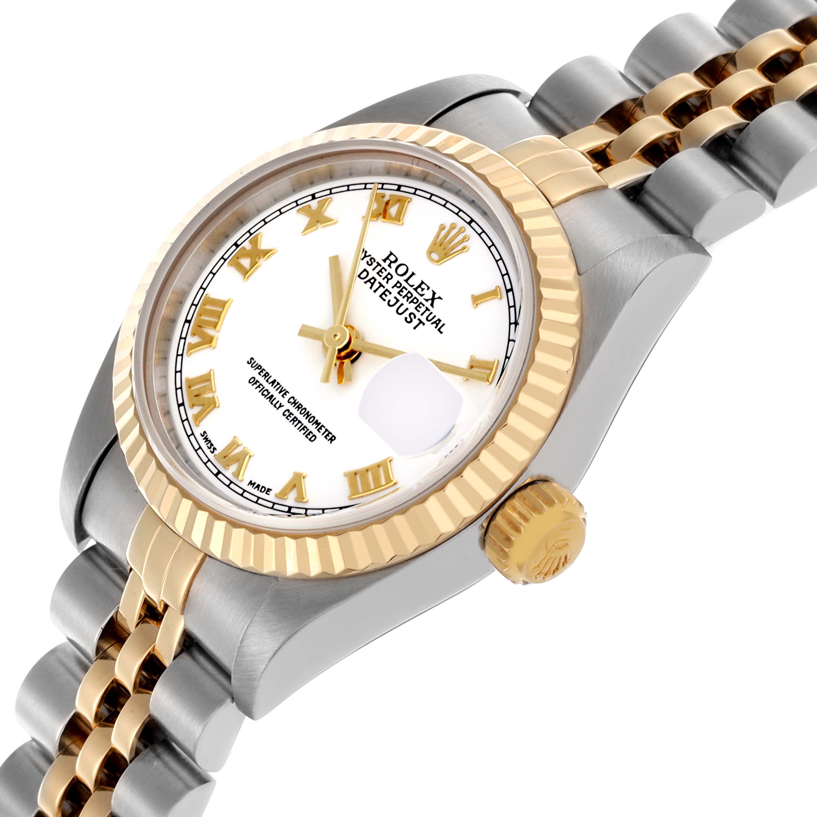 The Rolex Datejust 79173 Women's Steel and Gold (two tone) White Dial 79173 Women's Steel and Gold (two tone) White Dial is shown at an angle highlighting the gold bezel, crown, and two-tone bracelet.