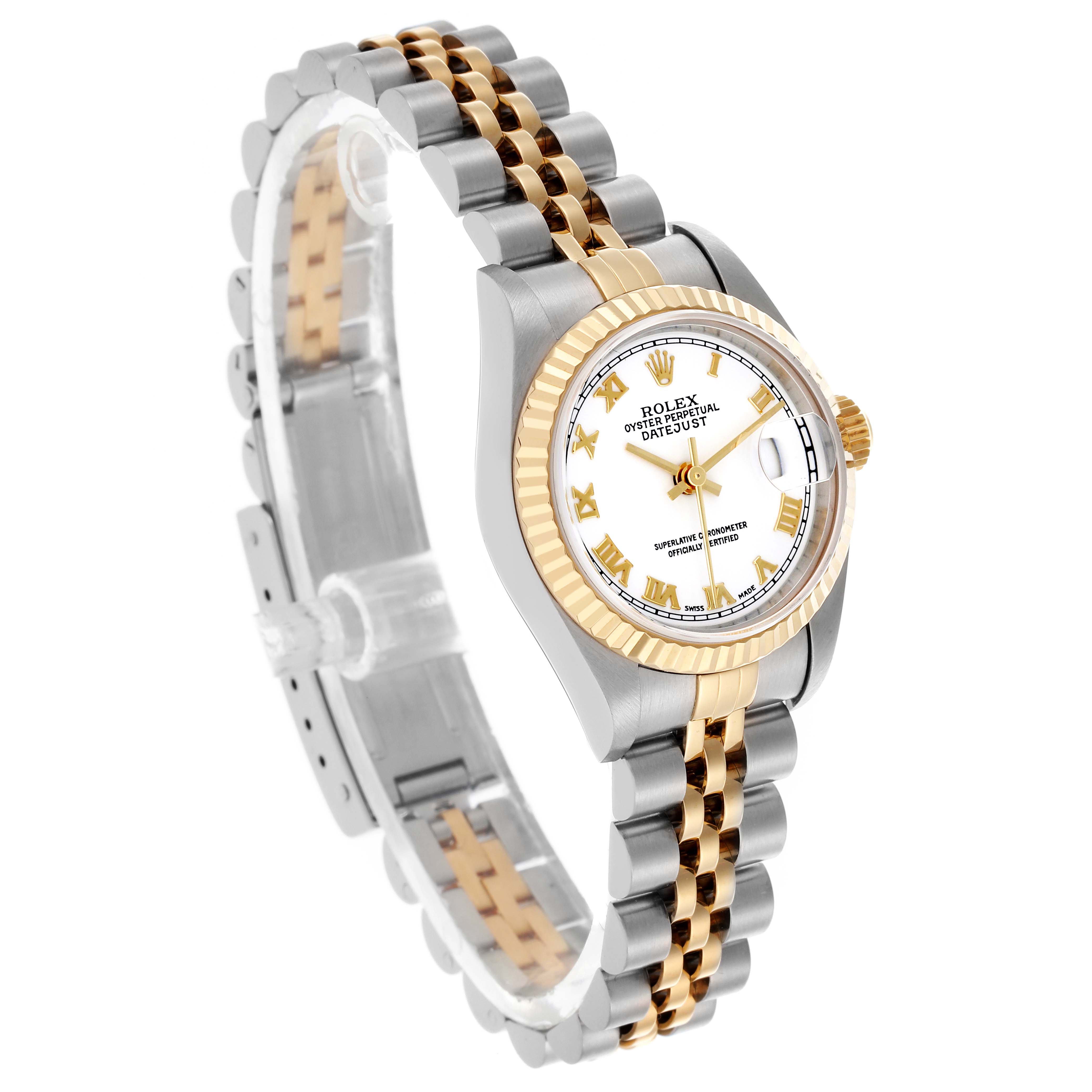 The Rolex Datejust 79173 Women's Steel and Gold (two tone) White Dial 79173 Women's Steel and Gold (two tone) White Dial watch is shown at an angled side view, displaying the two-tone bracelet and dial.