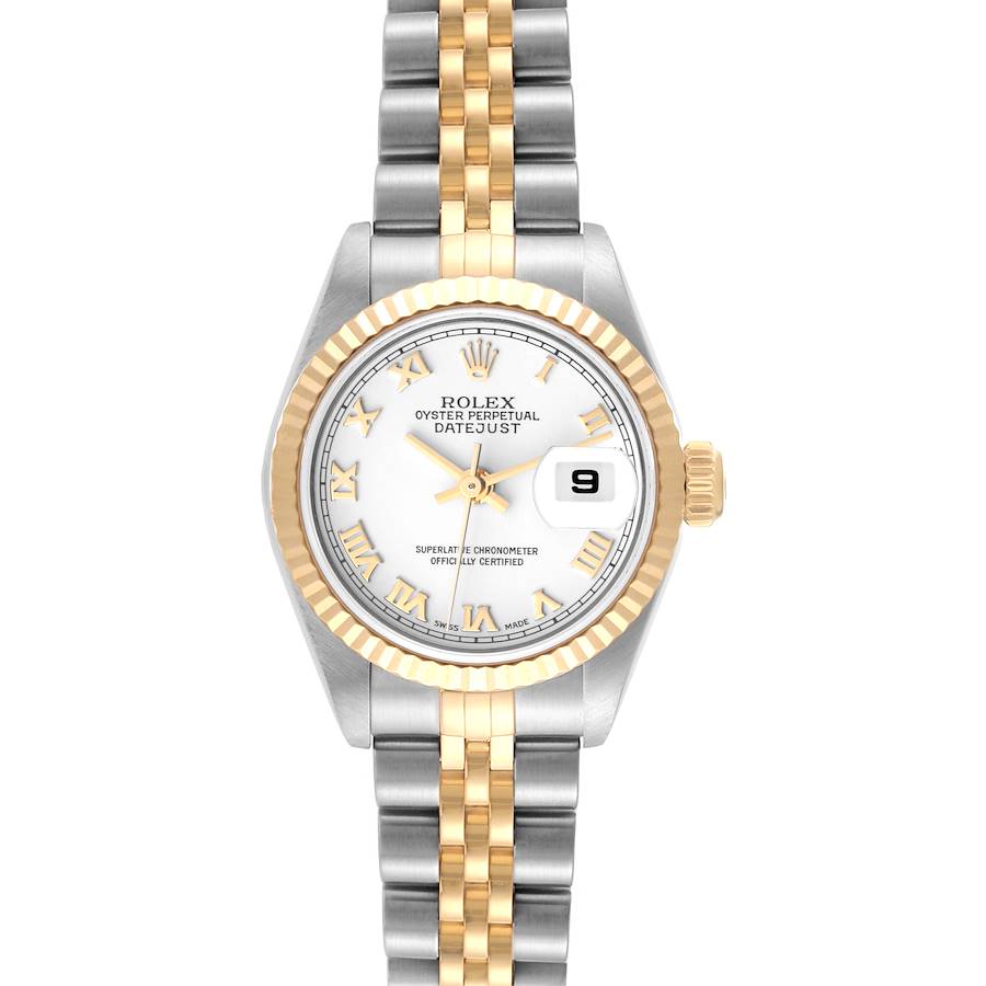 The Rolex Datejust watch is shown from the front, displaying its dial, bezel, and bracelet clearly.