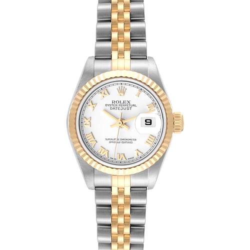 The Rolex Datejust is shown from the front, highlighting the dial, bezel, and two-tone bracelet.