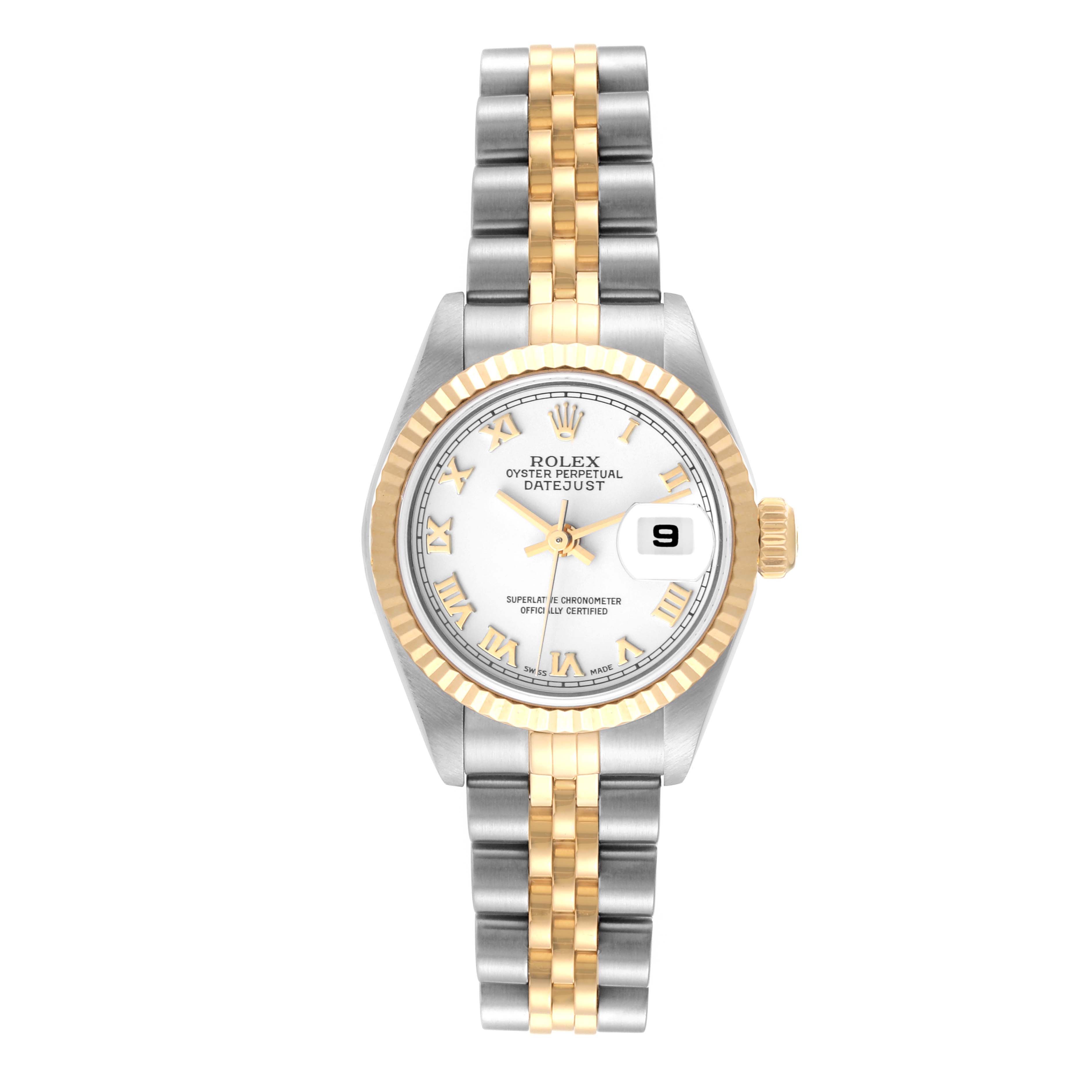 The Rolex Datejust 79173 Women's Steel and Gold (two tone) White Dial 79173 Women's Steel and Gold (two tone) White Dial watch is shown from a top-down angle, featuring its face, bezel, and two-tone bracelet.