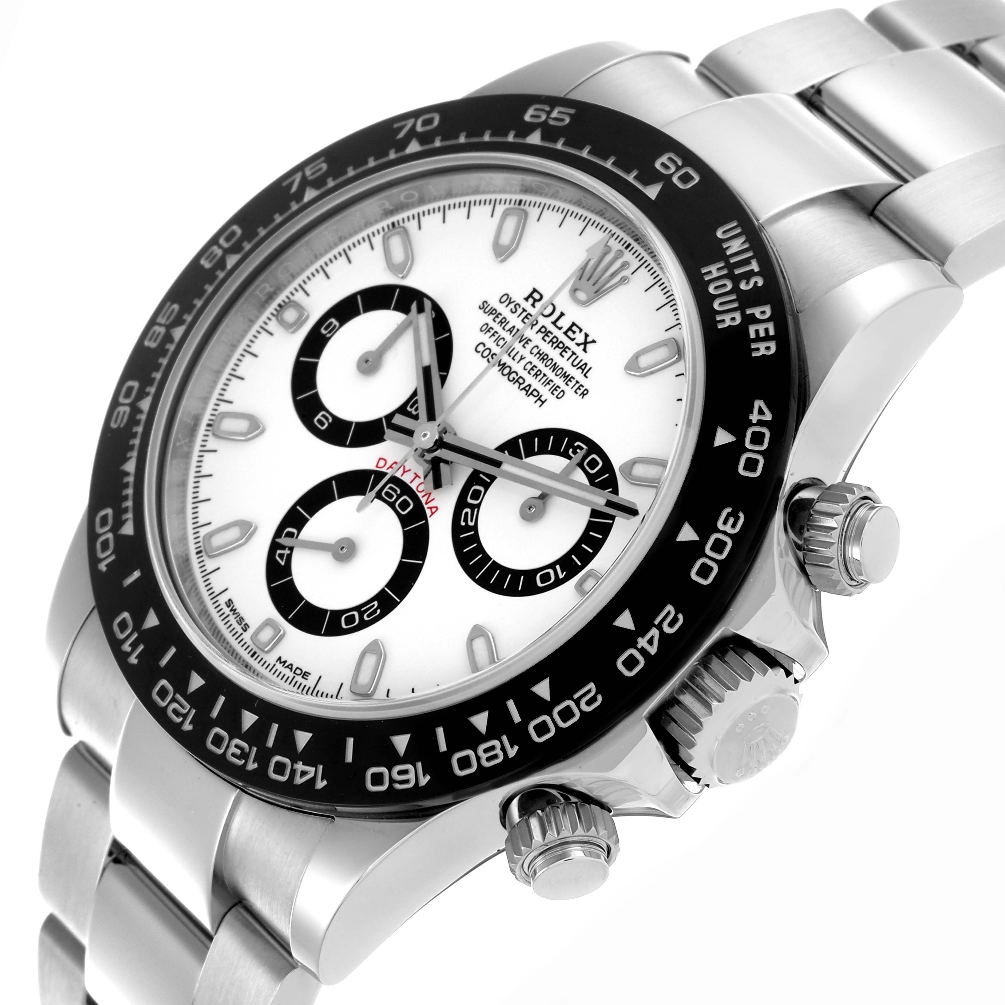 The Rolex Daytona 116500LN Men's Stainless Steel White Dial 116500LN Men's Stainless Steel White Dial watch is shown at an angle highlighting the face, bezel, and stainless steel bracelet.