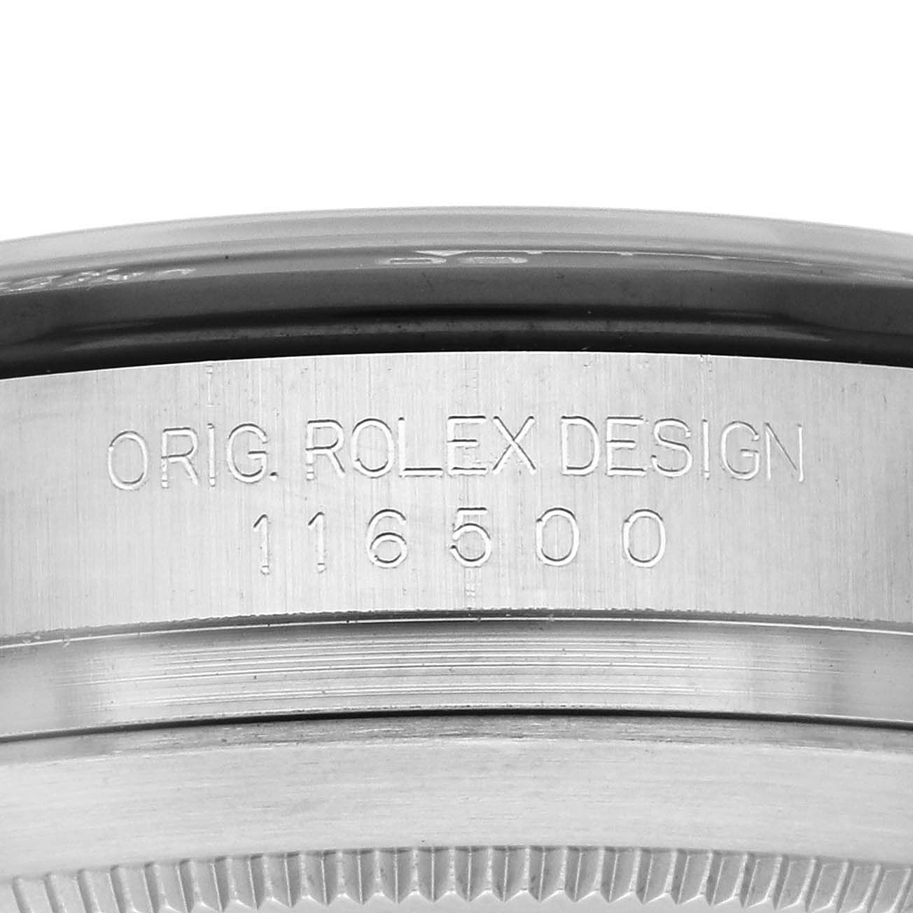 The image shows the side of a Rolex Daytona 116500LN Men's Stainless Steel White Dial 116500LN Men's Stainless Steel White Dial watch, highlighting the engraved "Orig. Rolex Design 116500" and bezel details.