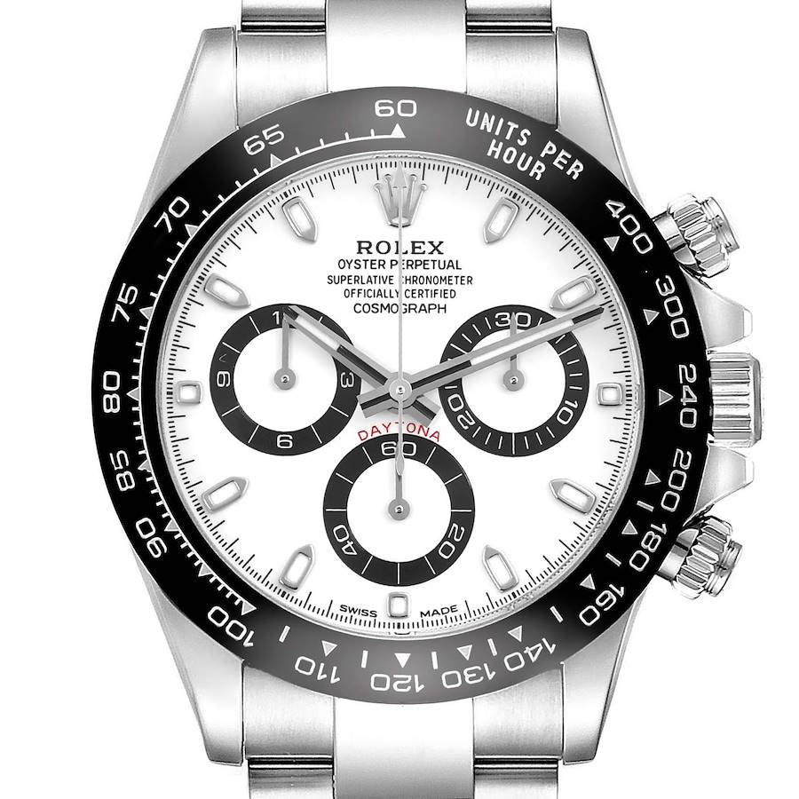 The Rolex Daytona watch is shown from a front angle, highlighting the dial, bezel, and part of the bracelet.