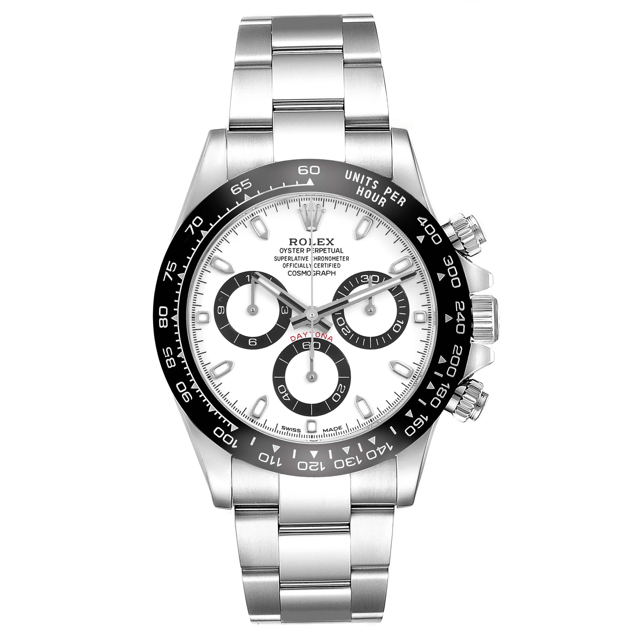 The Rolex Daytona 116500LN Men's Stainless Steel White Dial 116500LN Men's Stainless Steel White Dial watch is shown from the front, highlighting its dial, bezel, and bracelet.