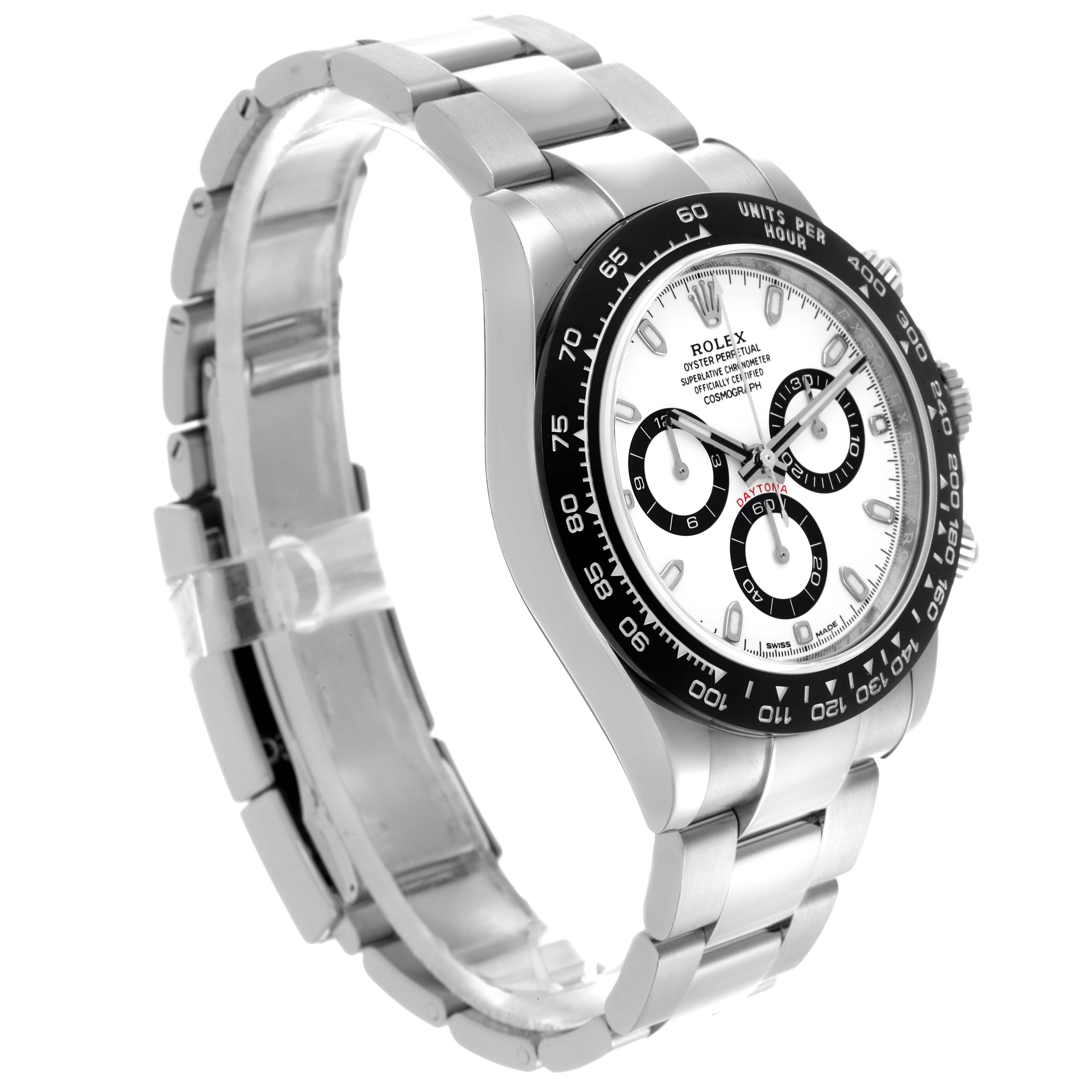 The image shows a side angle of the Rolex Daytona 116500LN Men's Stainless Steel White Dial 116500LN Men's Stainless Steel White Dial watch, highlighting the bracelet, bezel, and chronograph sub-dials.