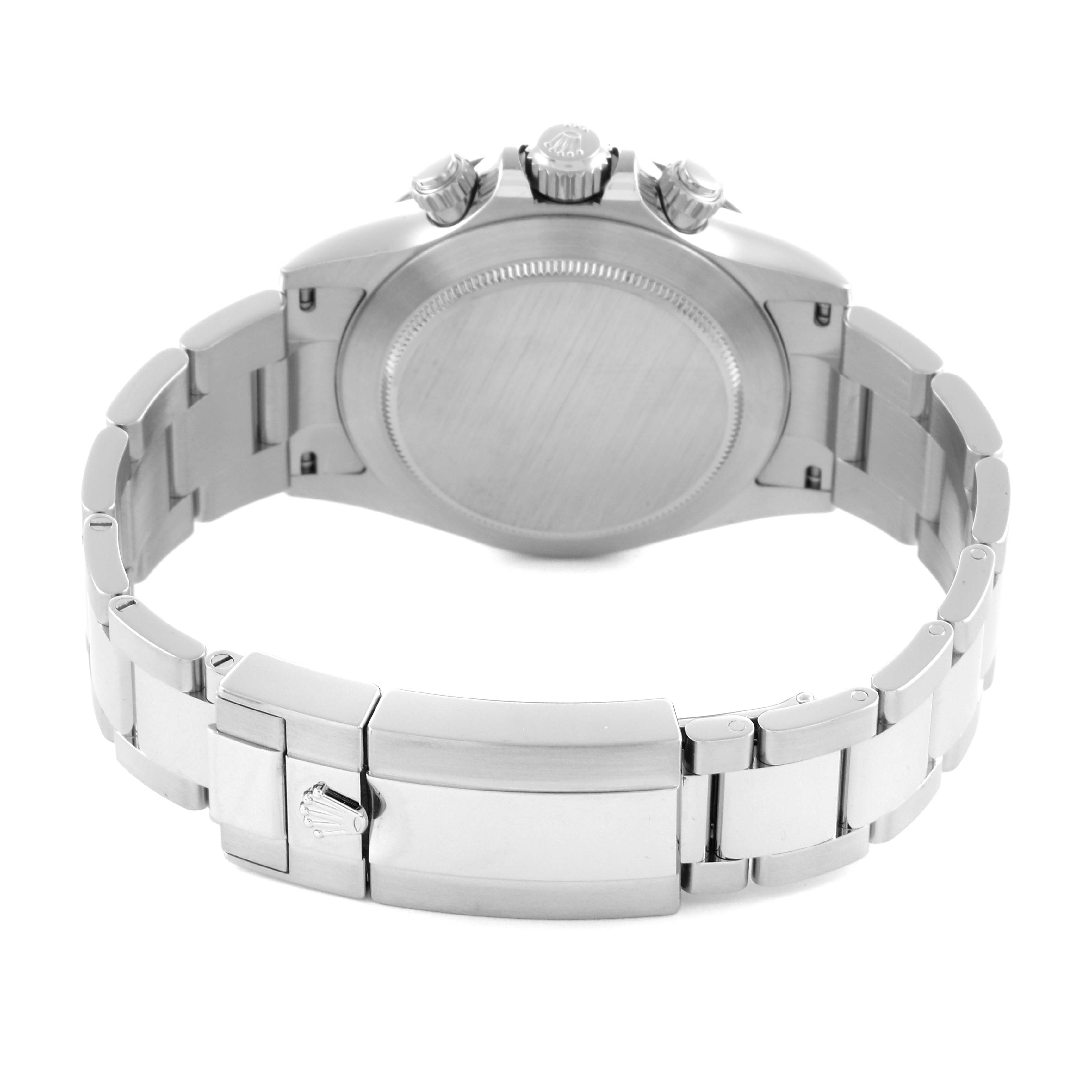 The image shows the back view of a Rolex Daytona 116500LN Men's Stainless Steel White Dial 116500LN Men's Stainless Steel White Dial watch, highlighting the case back and bracelet clasp.