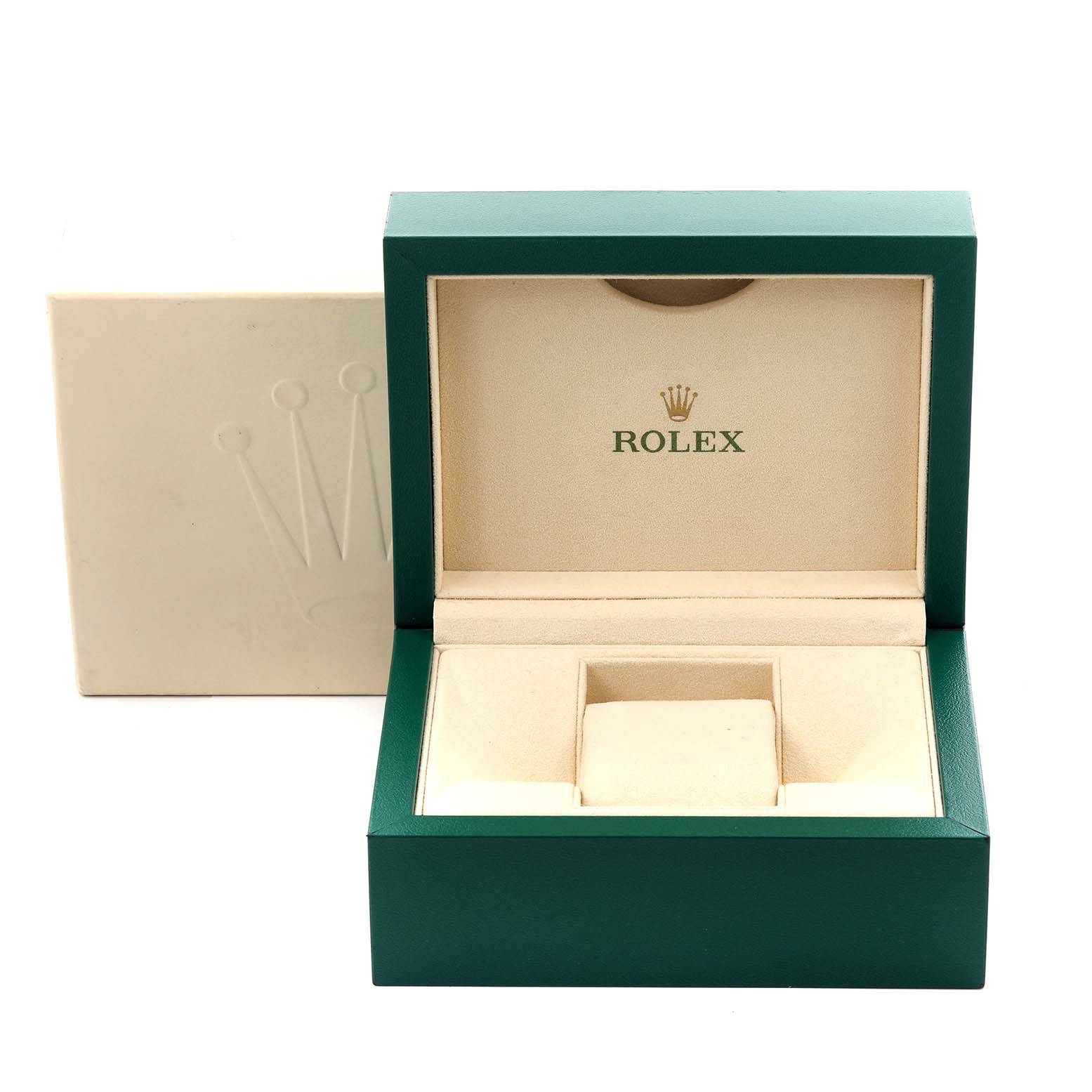 The image shows a green Rolex watch box for the Daytona model, featuring an open view of the interior cushion area.