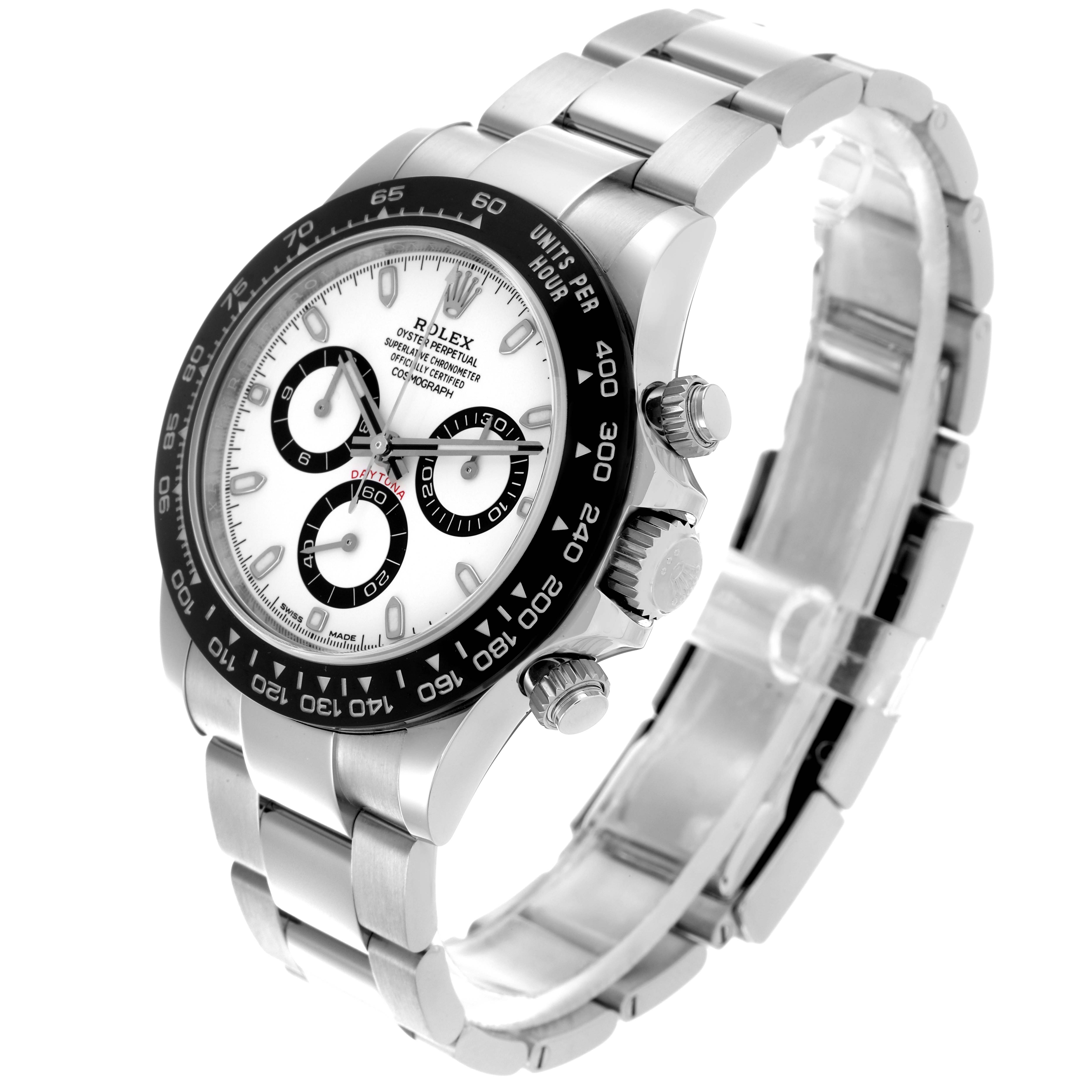 The Rolex Daytona 116500LN Men's Stainless Steel White Dial 116500LN Men's Stainless Steel White Dial watch is shown at an angle highlighting its face, bezel, crown, and bracelet.