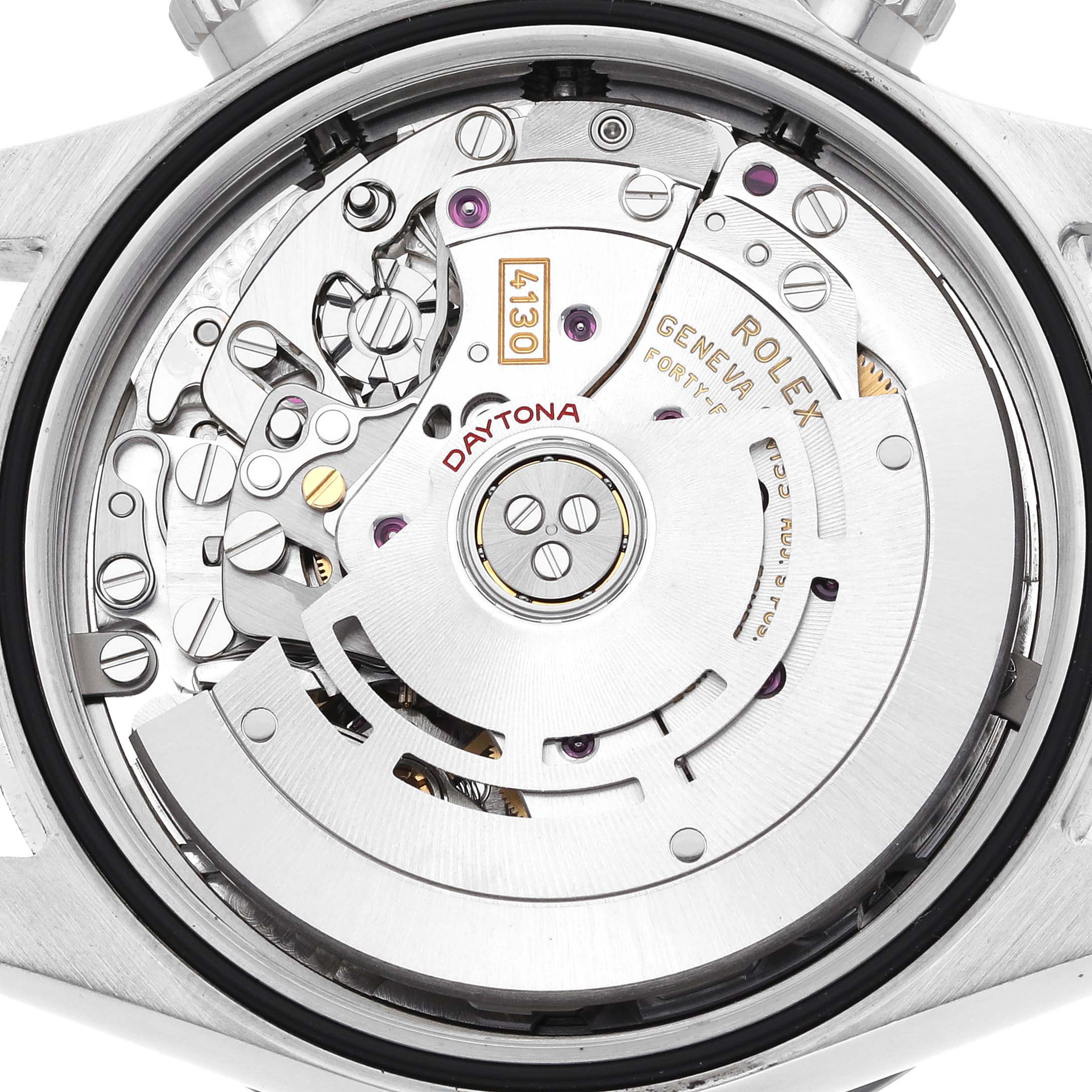 The image shows the movement from the back of a Rolex Daytona 116500LN Men's Stainless Steel White Dial 116500LN Men's Stainless Steel White Dial, highlighting its intricate inner workings.