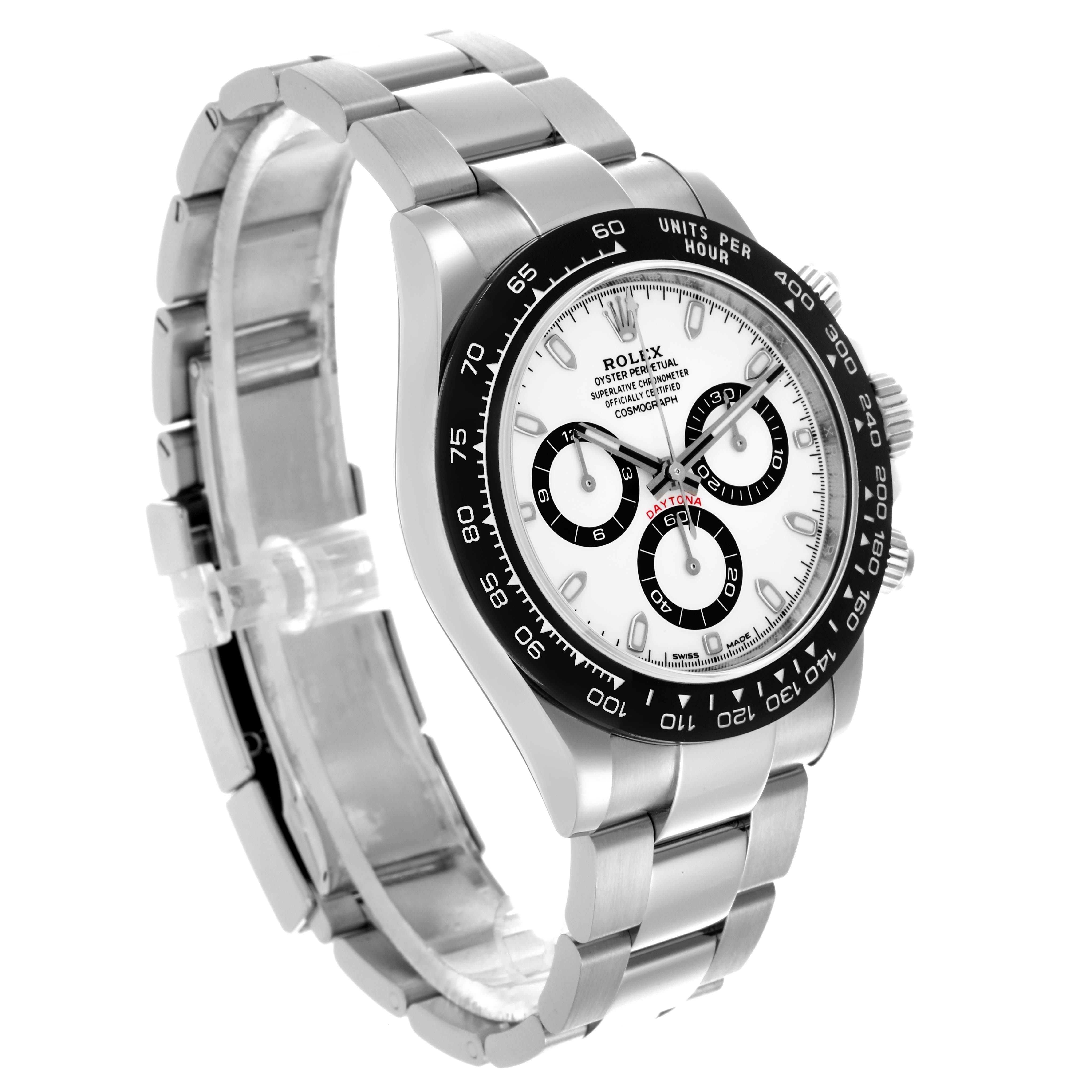 The Rolex Daytona 116500LN Men's Stainless Steel White Dial 116500LN Men's Stainless Steel White Dial watch is shown at a front-left angle, featuring its face, bezel, and bracelet.