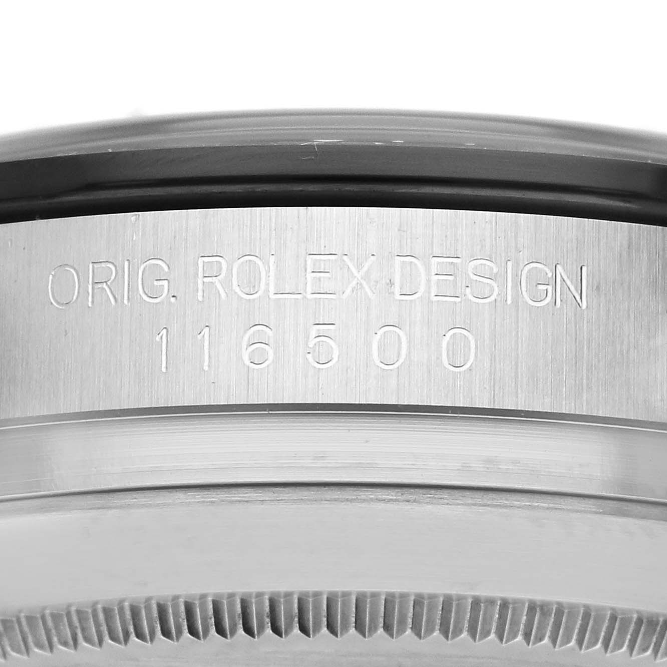 The image shows a side view of the watch case edge for a Rolex Daytona 116500LN Men's Stainless Steel White Dial 116500LN Men's Stainless Steel White Dial, displaying the "ORIG. ROLEX DESIGN 116500" engraving.