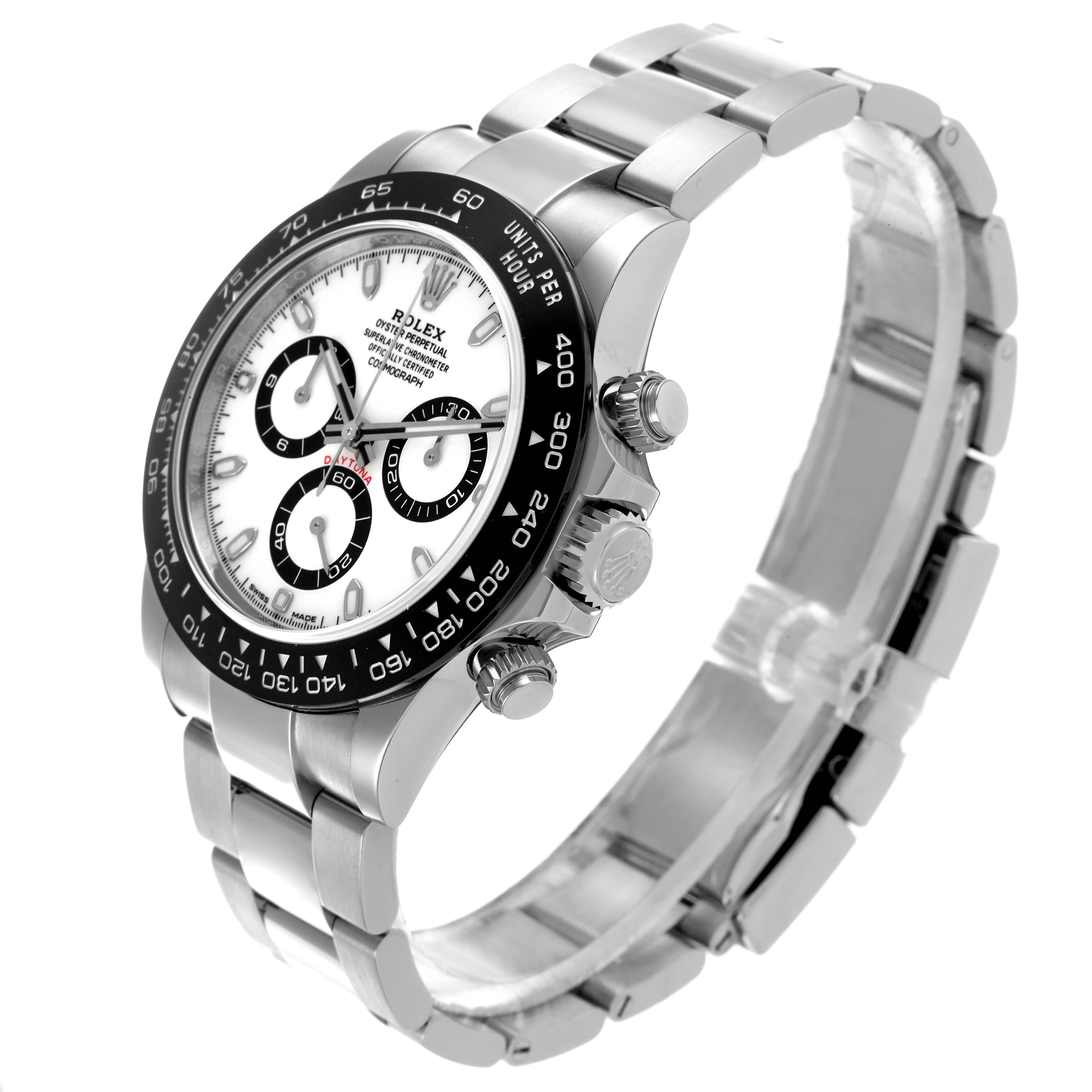 The Rolex Daytona 116500LN Men's Stainless Steel White Dial 116500LN Men's Stainless Steel White Dial watch is shown at a three-quarter angle, highlighting the face, bezel, and bracelet.