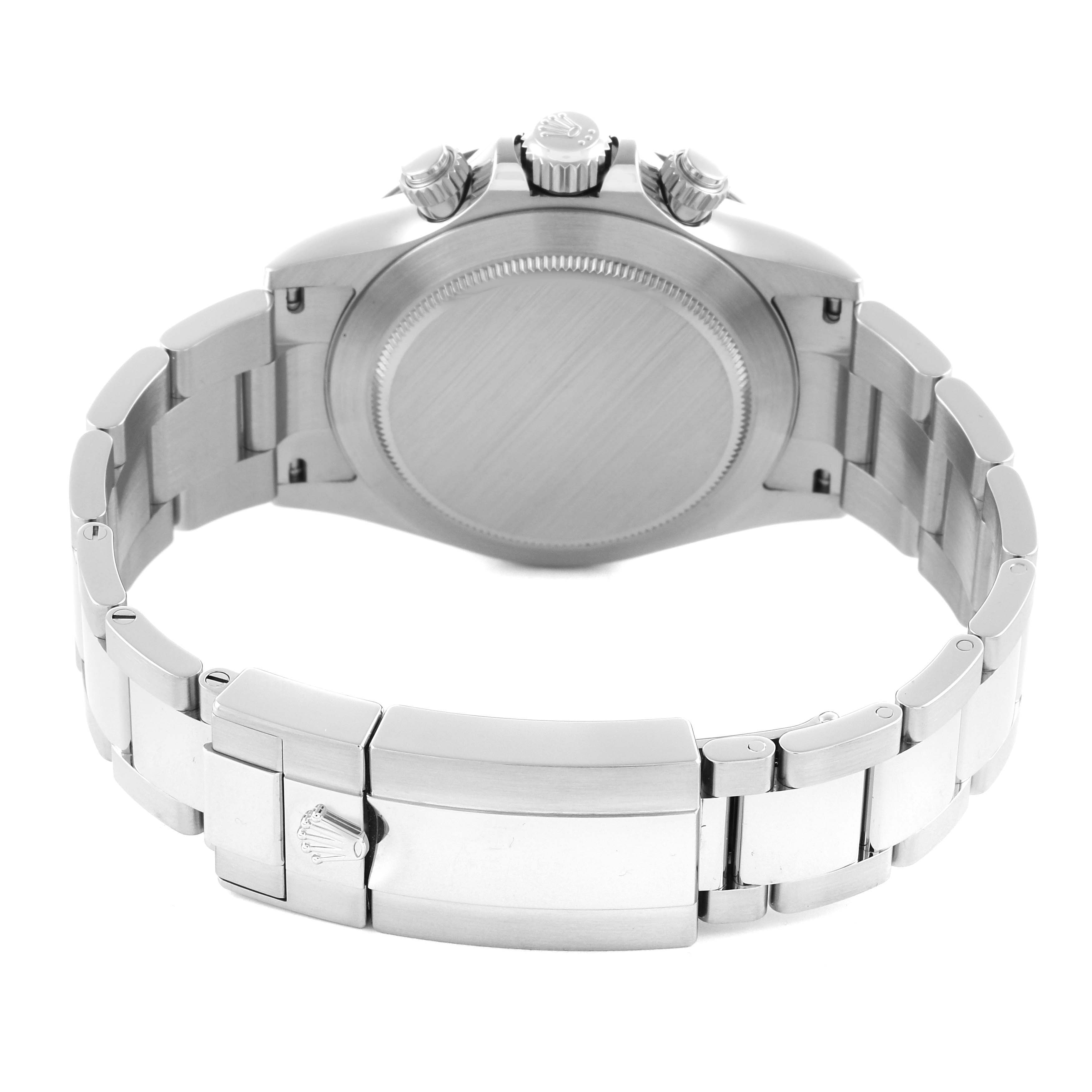 The Rolex Daytona 116500LN Men's Stainless Steel White Dial 116500LN Men's Stainless Steel White Dial watch is shown from the back, highlighting the case back, clasp, and part of the bracelet.