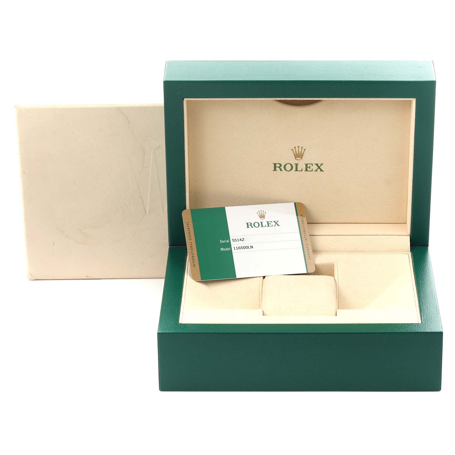 The image shows a Rolex Daytona 116500LN Men's Stainless Steel White Dial 116500LN Men's Stainless Steel White Dial box set with an open green case and a warranty card inside.