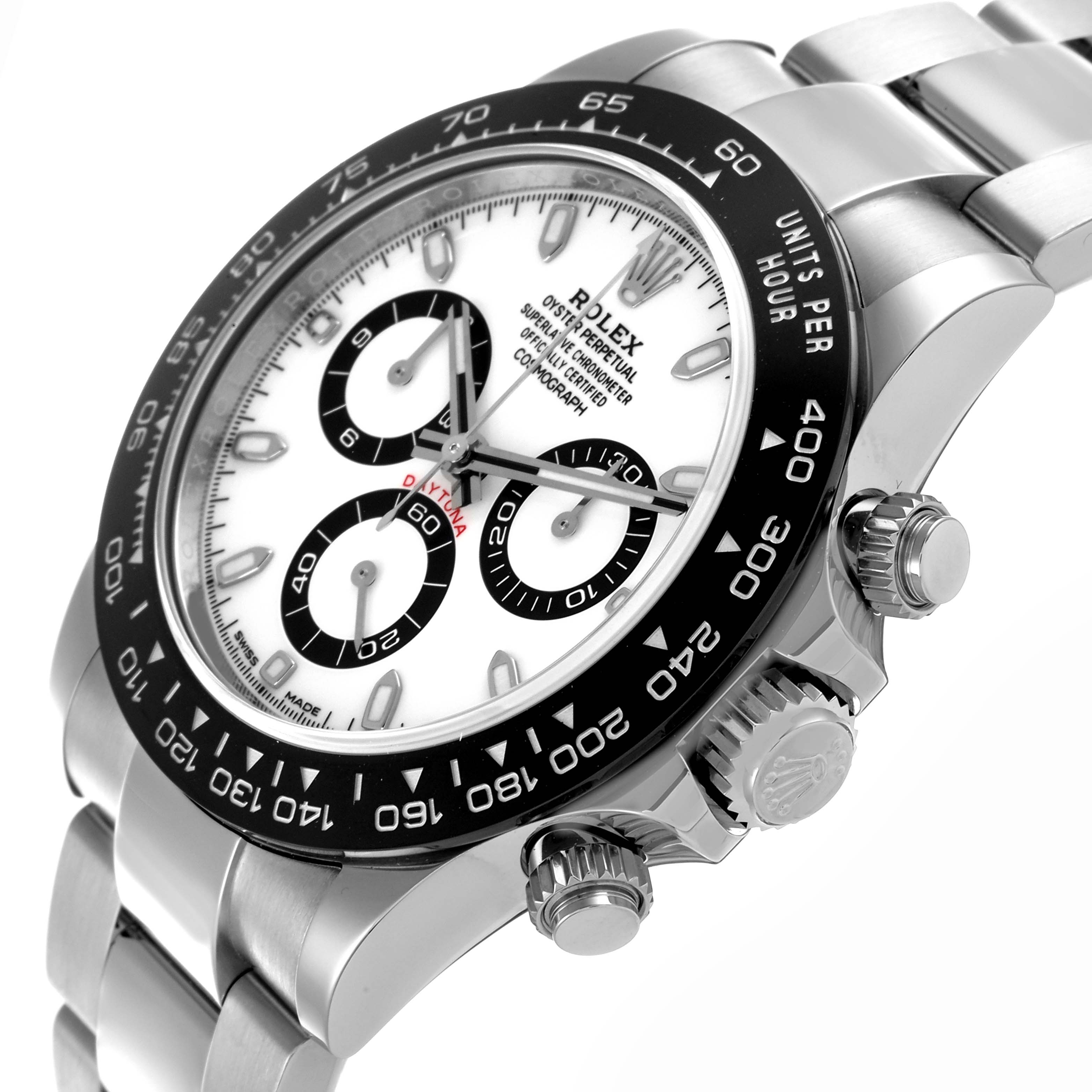 The Rolex Daytona 116500LN Men's Stainless Steel White Dial 116500LN Men's Stainless Steel White Dial watch is shown at an angle highlighting the face, bezel, and side crown.