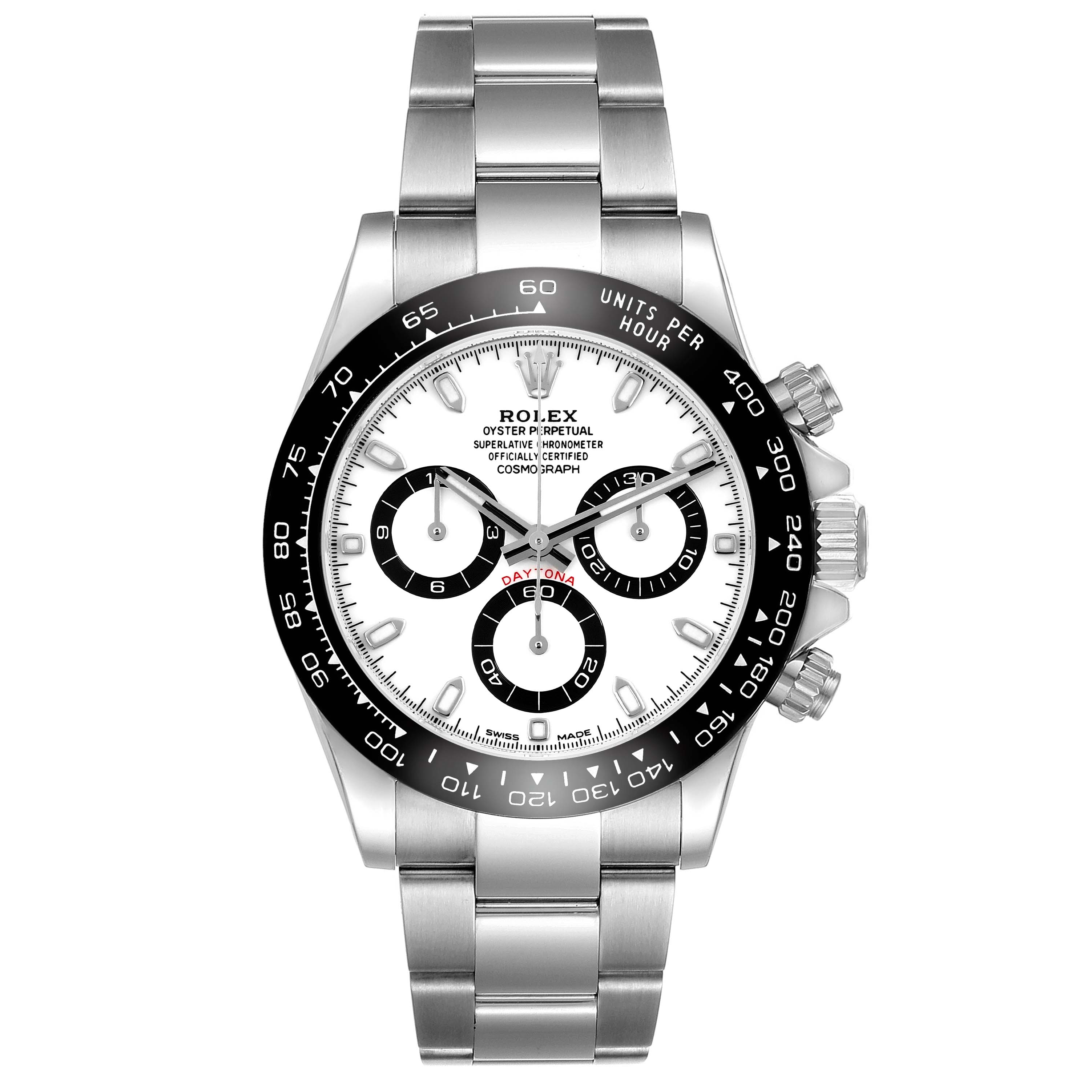 The Rolex Daytona 116500LN Men's Stainless Steel White Dial 116500LN Men's Stainless Steel White Dial watch is shown from the front, displaying the face, bezel, and bracelet.