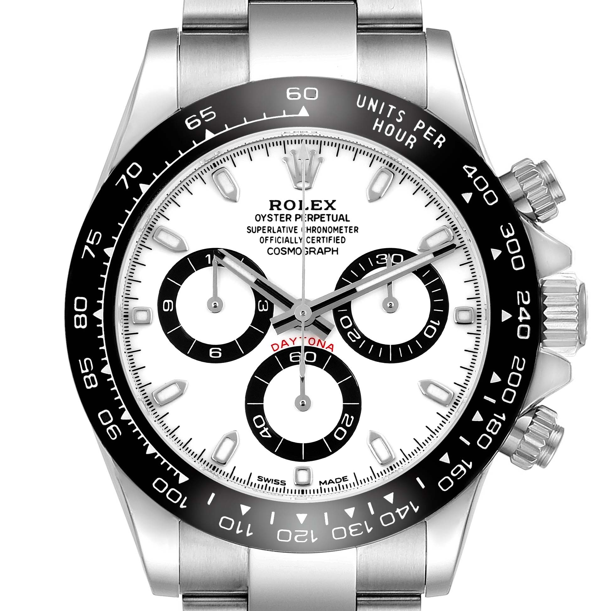 The image shows a frontal view of the Rolex Daytona 116500LN Men's Stainless Steel White Dial 116500LN Men's Stainless Steel White Dial, showcasing the dial, bezel, and crown.