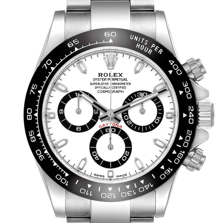 The image shows a frontal view of the Rolex Daytona, showcasing the dial, bezel, and crown.