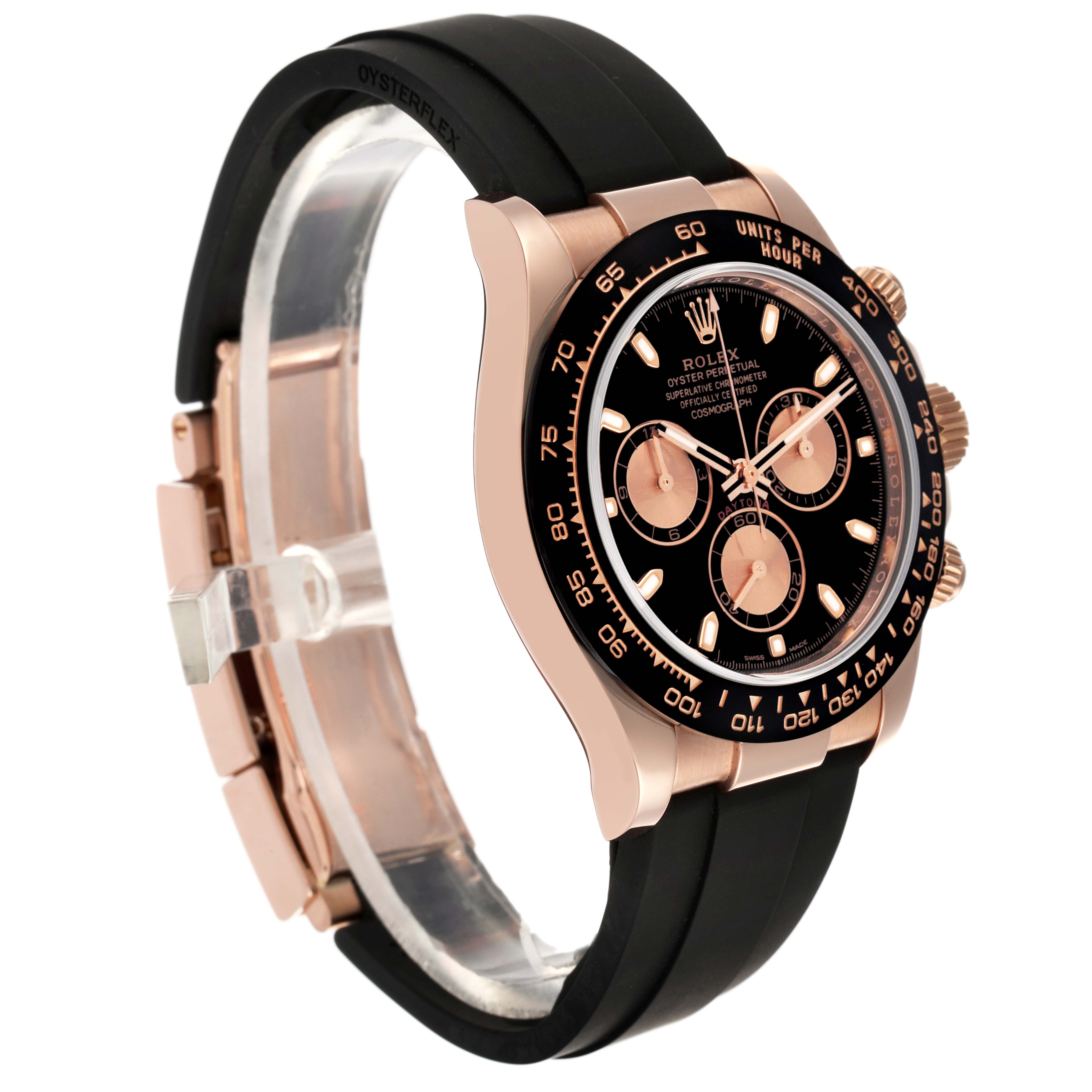 The Rolex Daytona 116515LN Men's Rose Gold Black Dial 116515LN Men's Rose Gold Black Dial watch is shown at an angle displaying the face, bezel, case, strap, and side buttons.