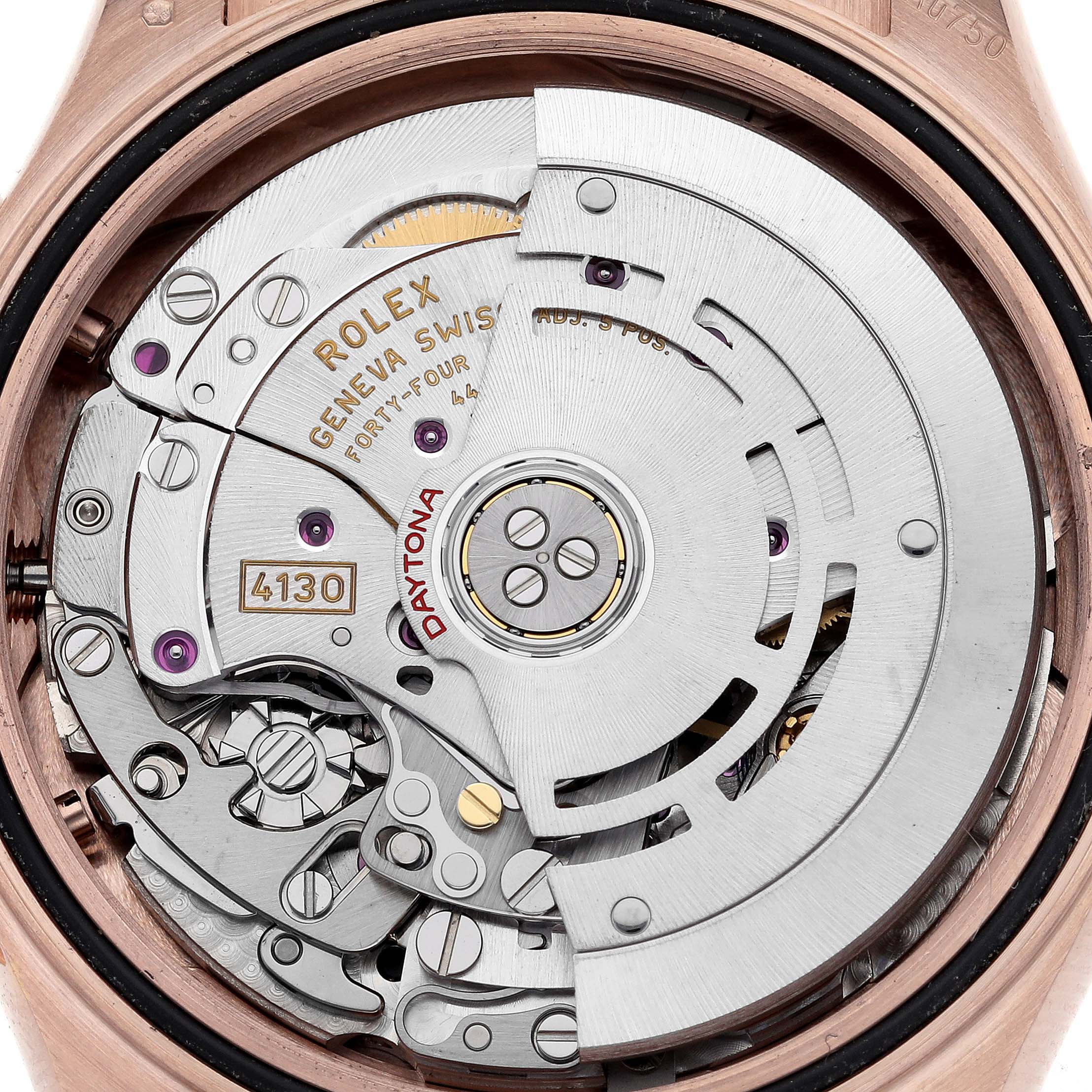 The image displays the movement of a Rolex Daytona 116515LN Men's Rose Gold Black Dial 116515LN Men's Rose Gold Black Dial watch from a rear angle, showcasing its intricate mechanics.