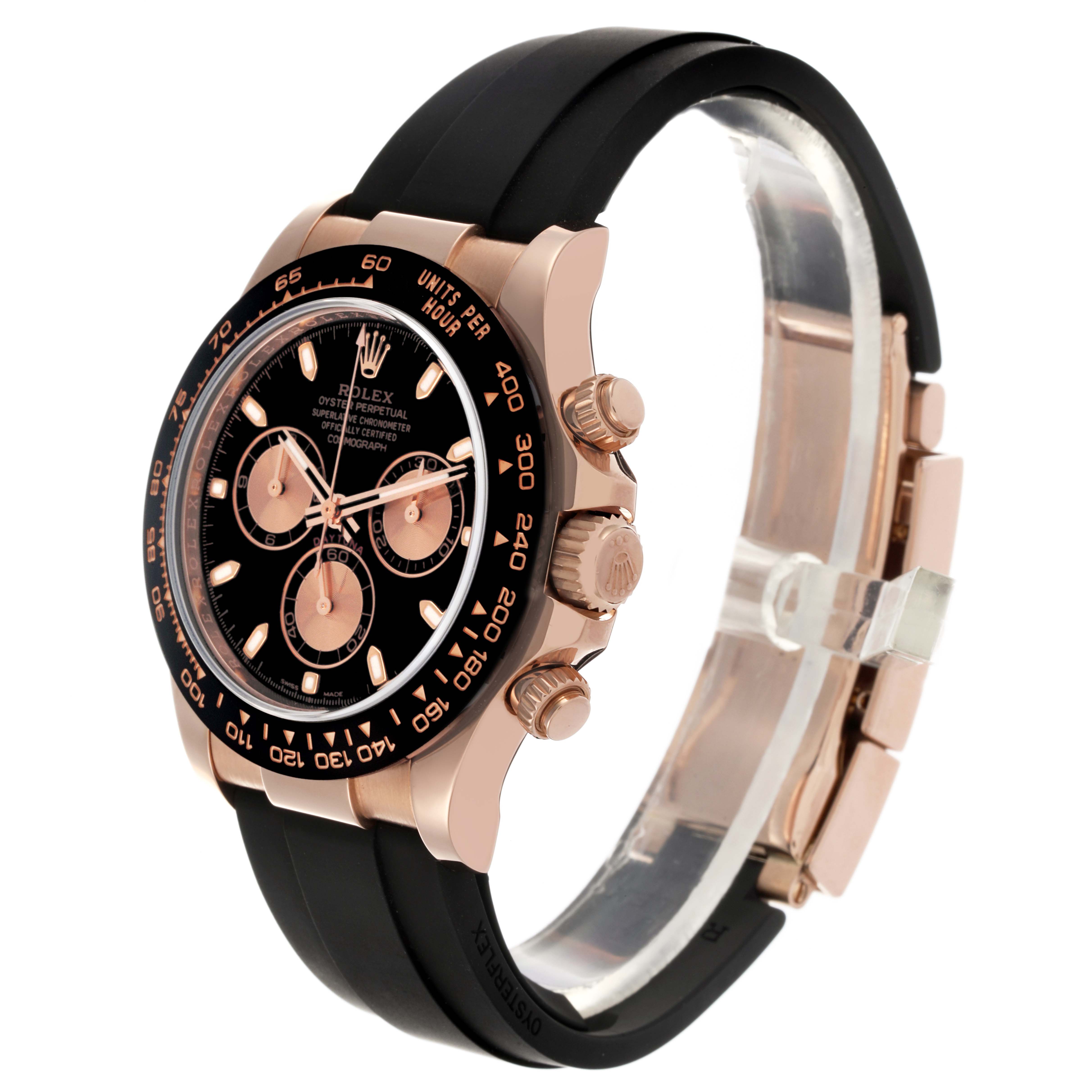 The Rolex Daytona 116515LN Men's Rose Gold Black Dial 116515LN Men's Rose Gold Black Dial watch is shown at a slight angle, highlighting the face, bezel, crown, and black strap.