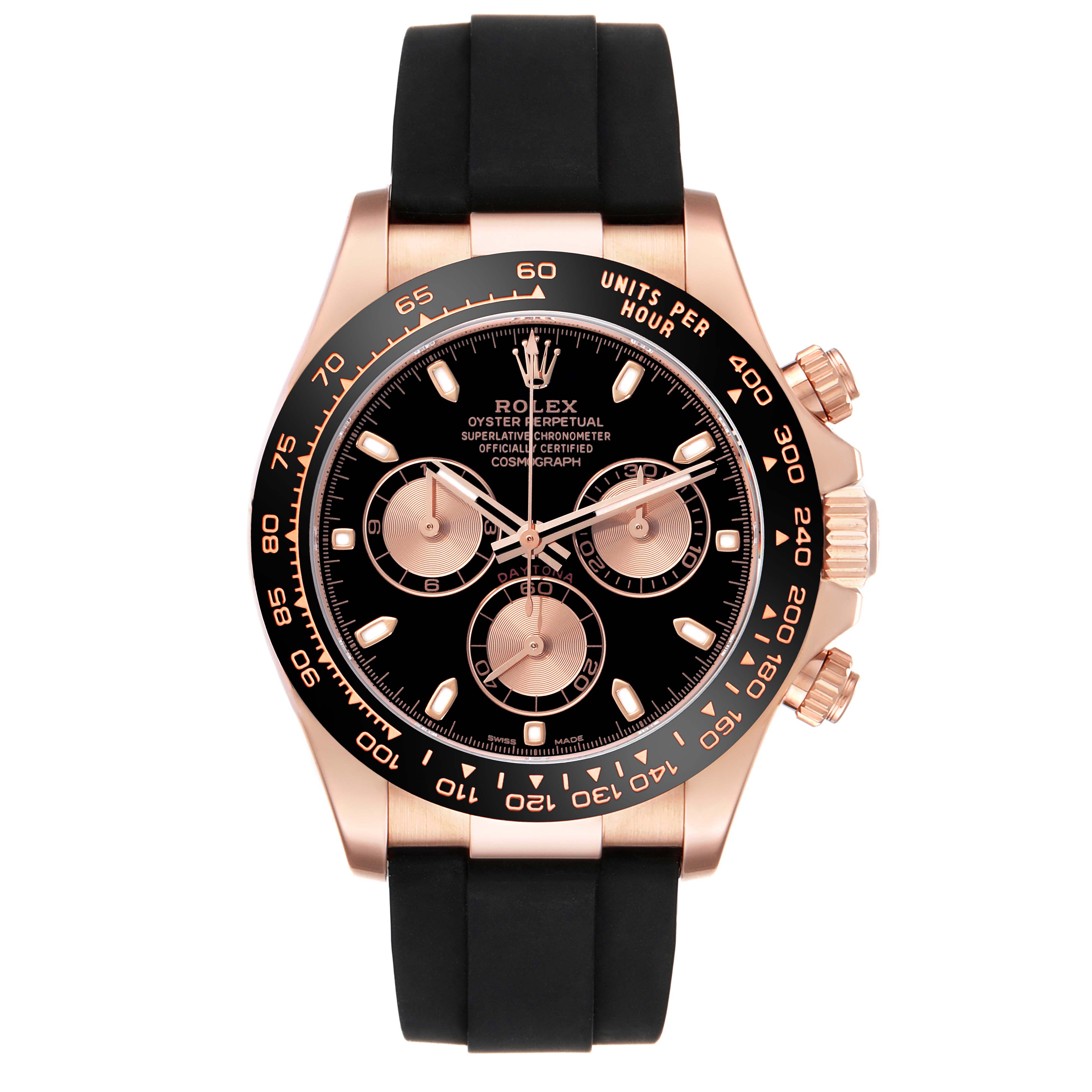 The Rolex Daytona 116515LN Men's Rose Gold Black Dial 116515LN Men's Rose Gold Black Dial watch is shown from the front, displaying its face, bezel, and chronograph dials, with a black strap.