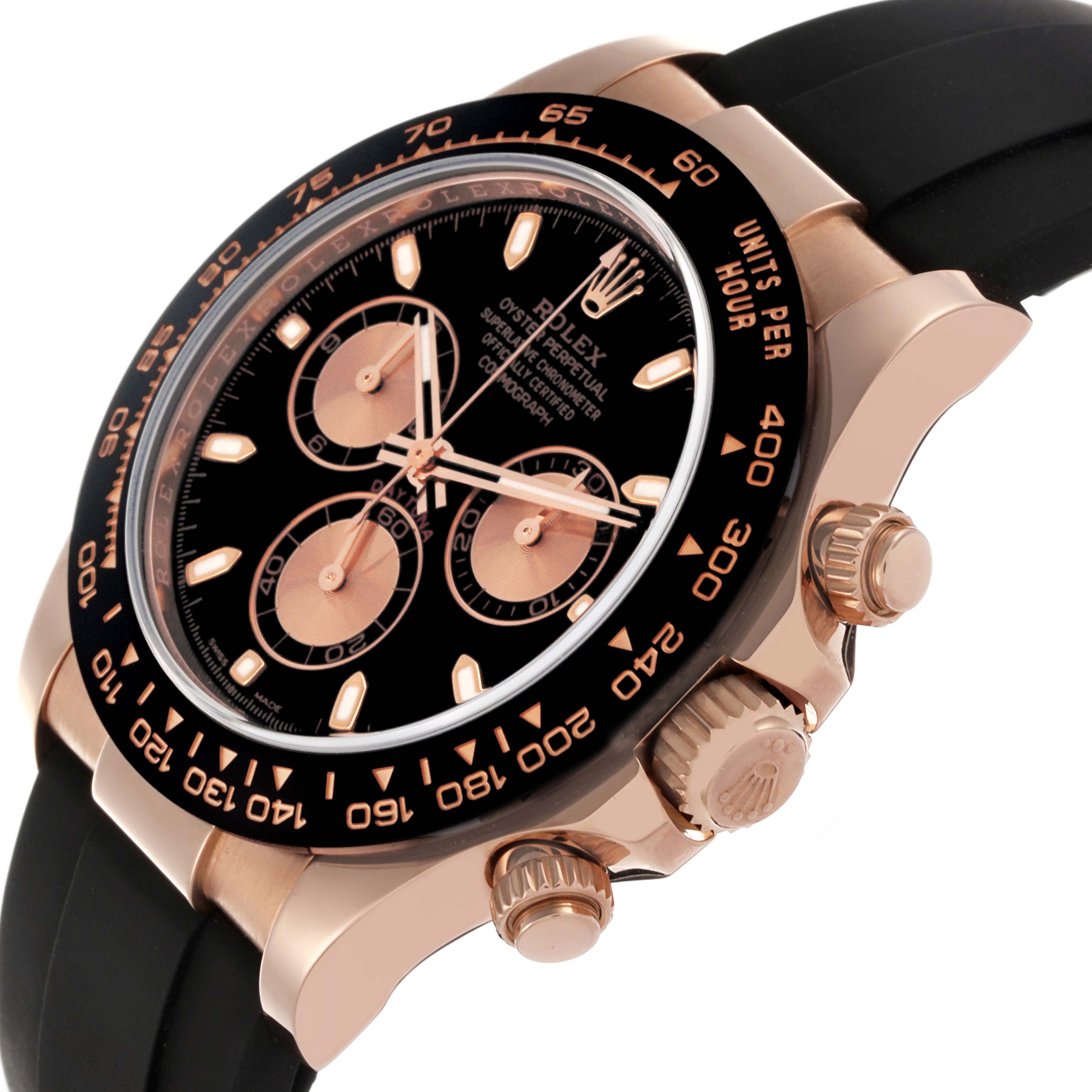 The Rolex Daytona 116515LN Men's Rose Gold Black Dial 116515LN Men's Rose Gold Black Dial watch is shown at an angle highlighting the bezel, dial, pushers, and part of the strap.