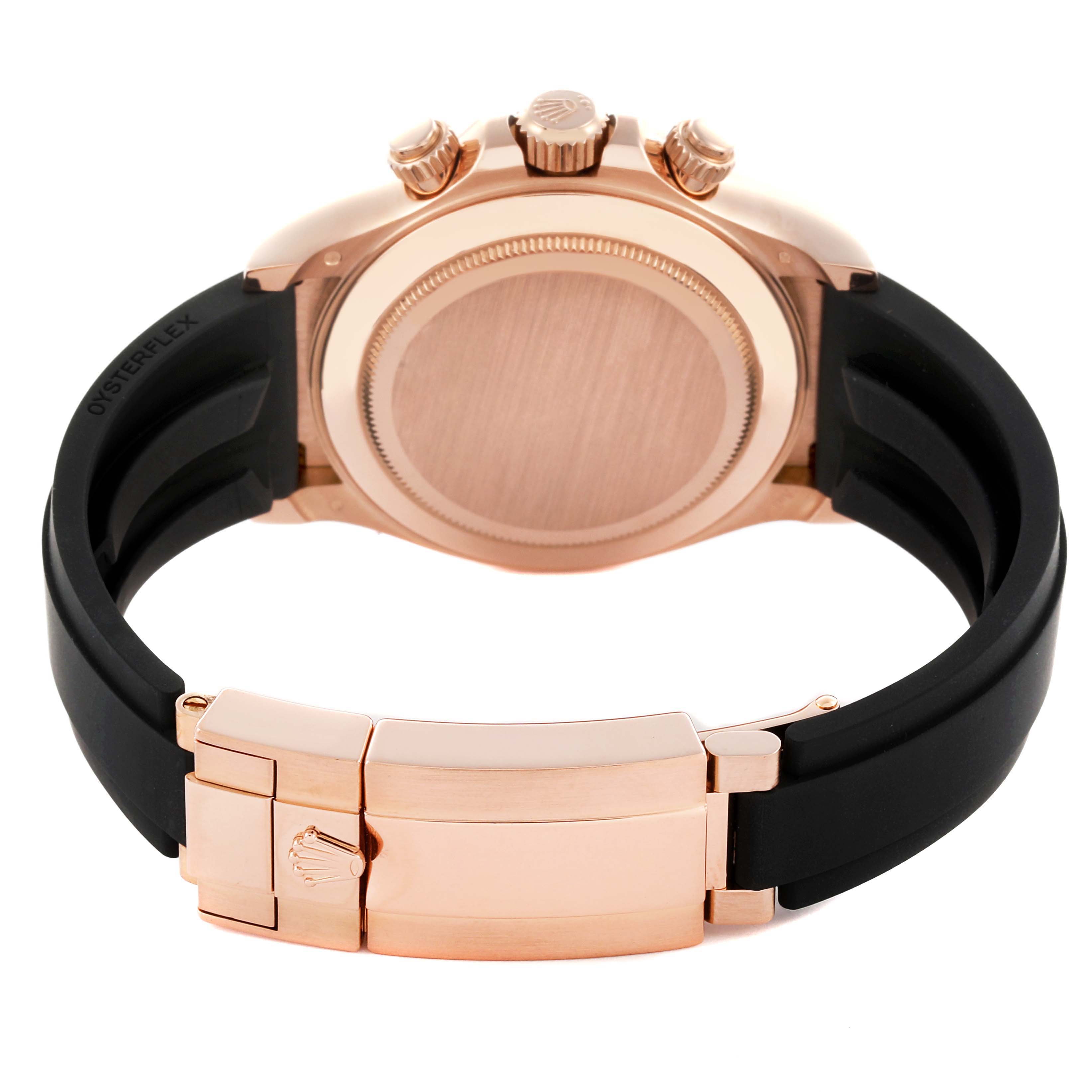 The image shows the back case, crown, pushers, and clasp of the Rolex Daytona 116515LN Men's Rose Gold Black Dial 116515LN Men's Rose Gold Black Dial watch.