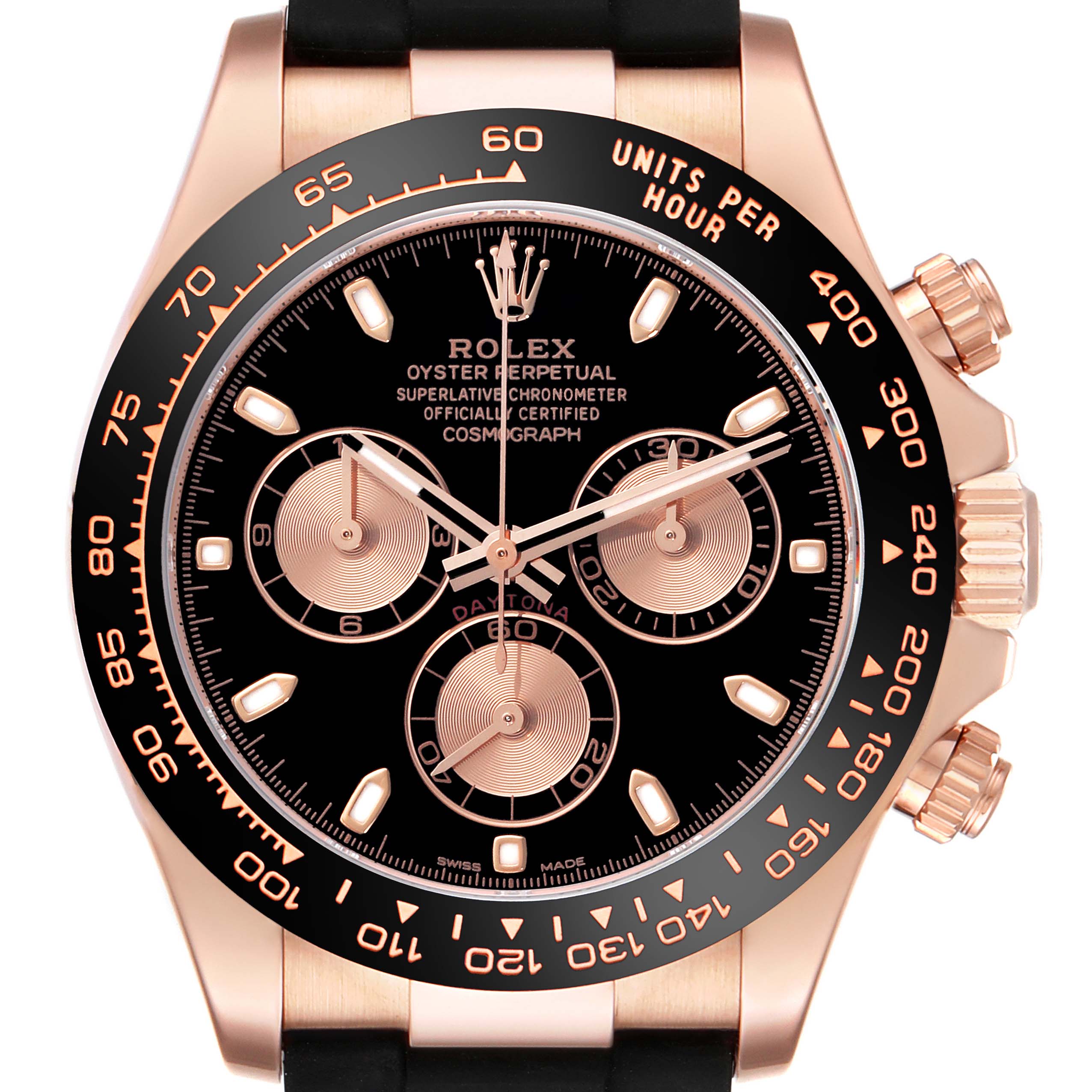 The image shows a frontal view of the Rolex Daytona 116515LN Men's Rose Gold Black Dial 116515LN Men's Rose Gold Black Dial watch, featuring its bezel, dial, and chronograph sub-dials.